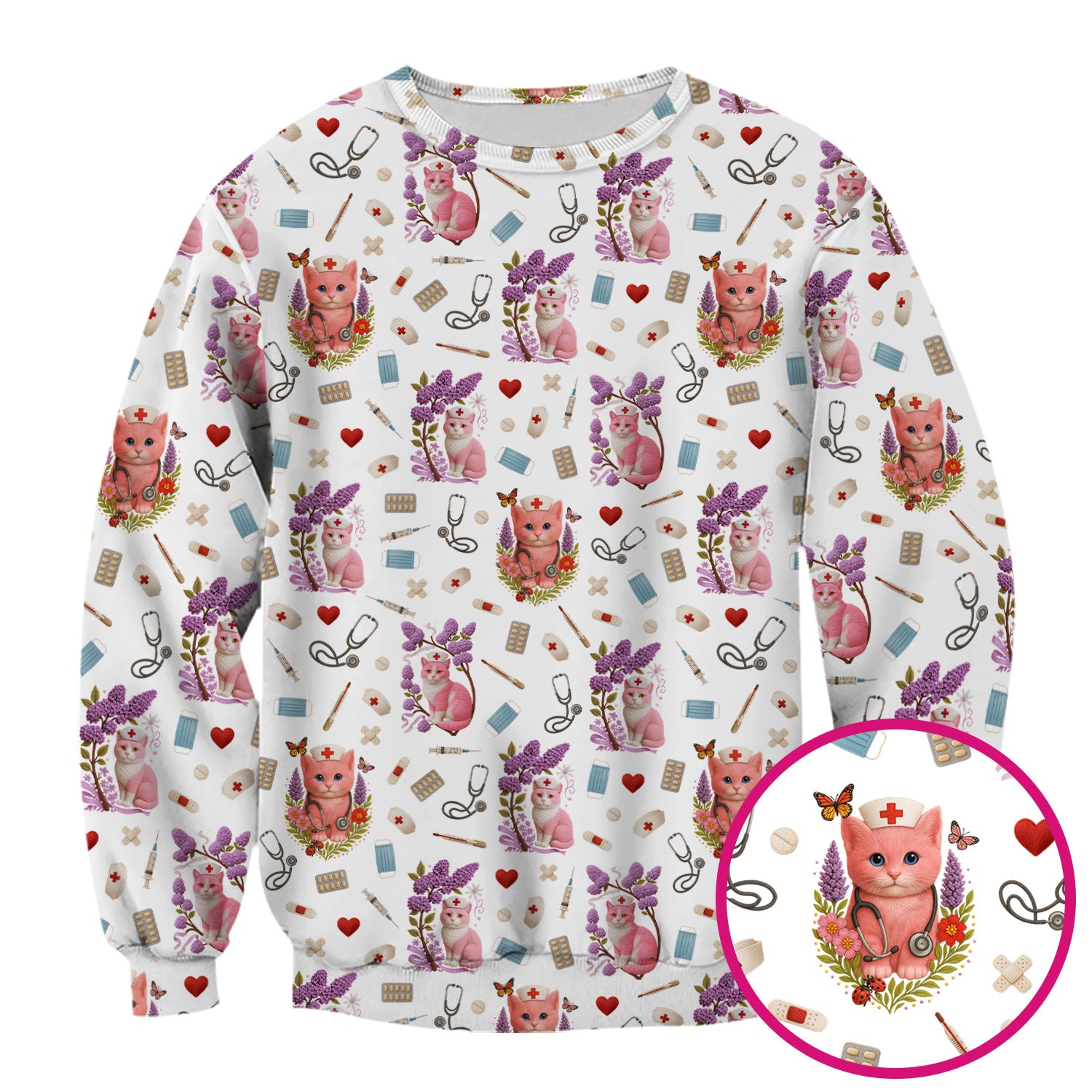 Pink Cat Print Medical Scrub Top - Cute Nurse Shirt for Women - Funny Pattern Gift for RN LPN CNA Healthcare Workers