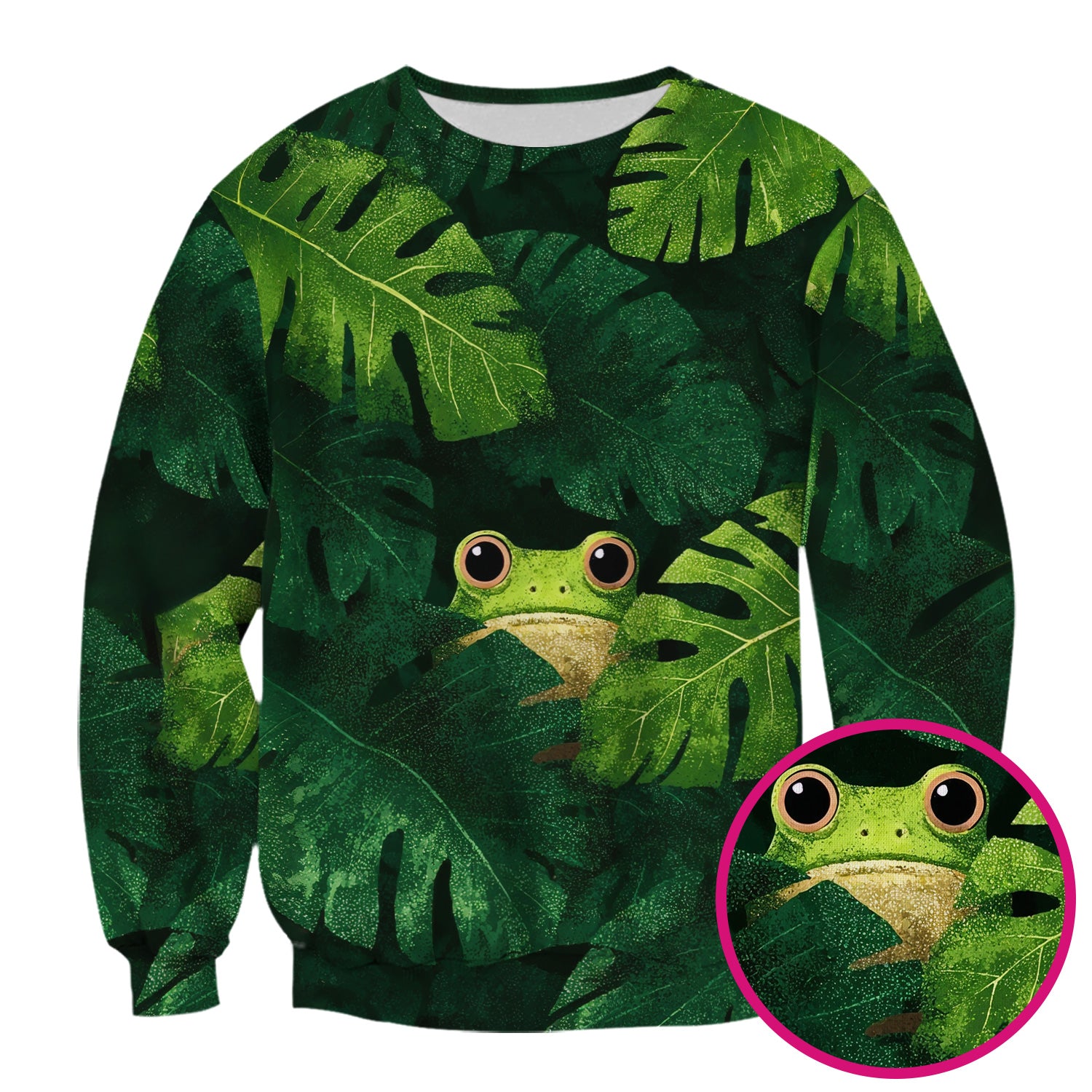 Cute Frog Hiding Jungle Leaves Pattern Nurse Scrub Top, Breathable Fabrics Nursing Uniform