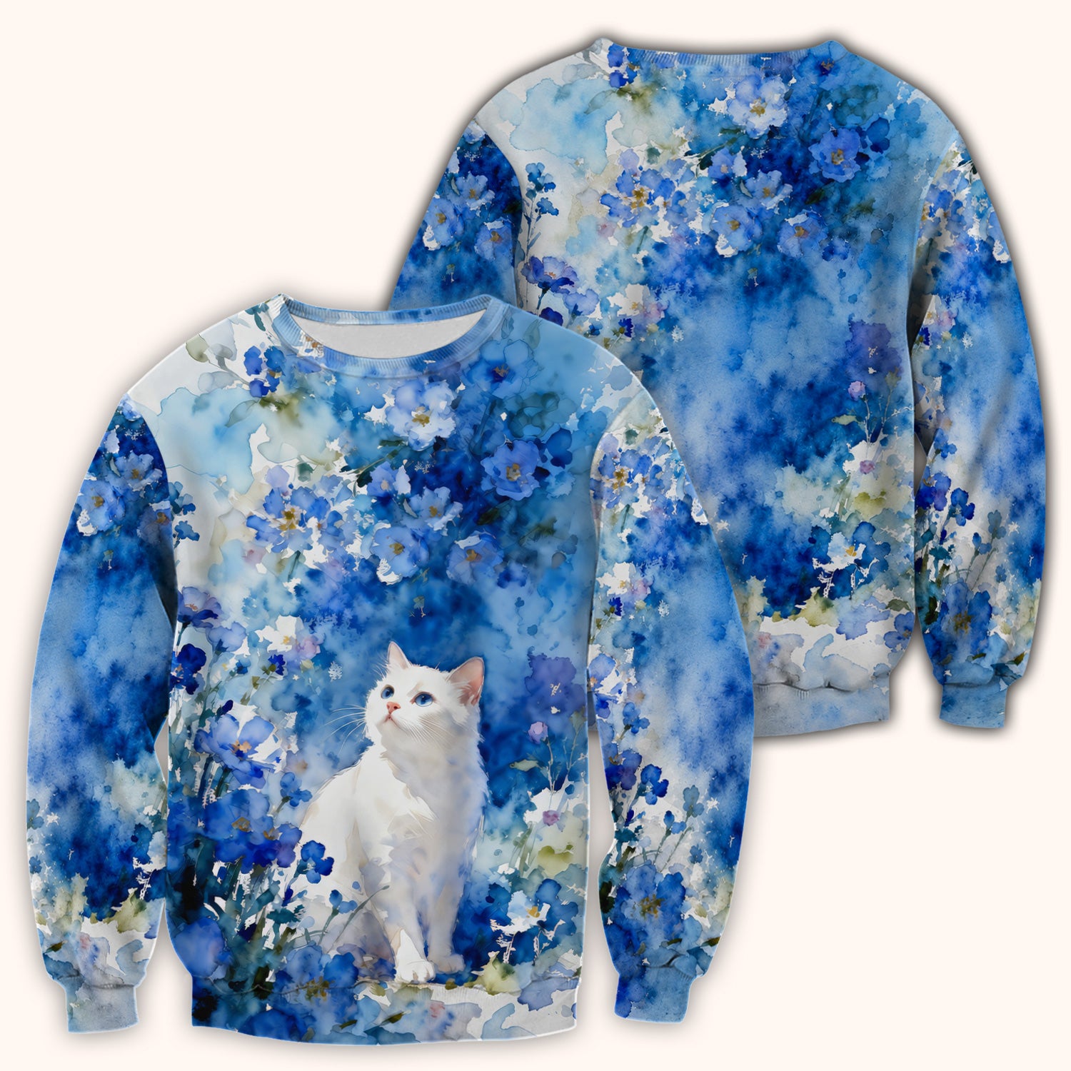 Adorable Blue Floral White Cat Pattern Scrub Top, Comfortable Scrubs for Nurses