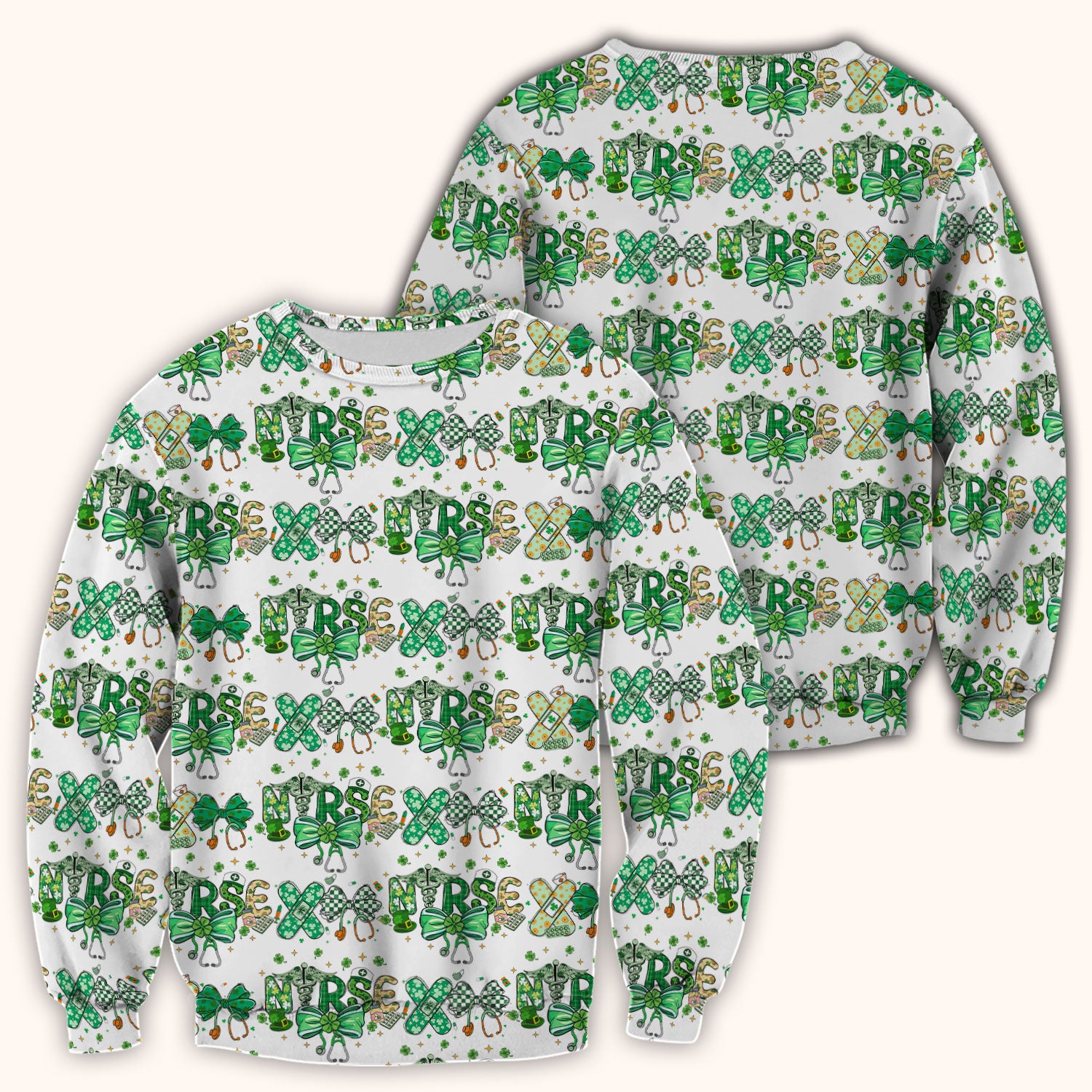 St. Patrick’s Nurse Scrub Top, Lucky Clover And Green Bow Pattern Nurse Shirt, Breathable Fabrics Nursing Uniform