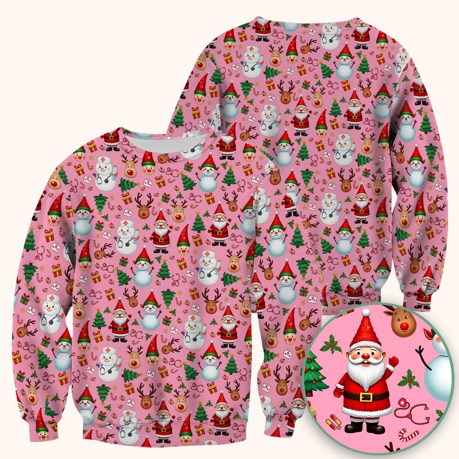 Christmas Nurse Scrub Top - Cute Snowman Santa Reindeer Pattern Medical Shirt - Festive Holiday Scrubs for Women RN CNA LPN