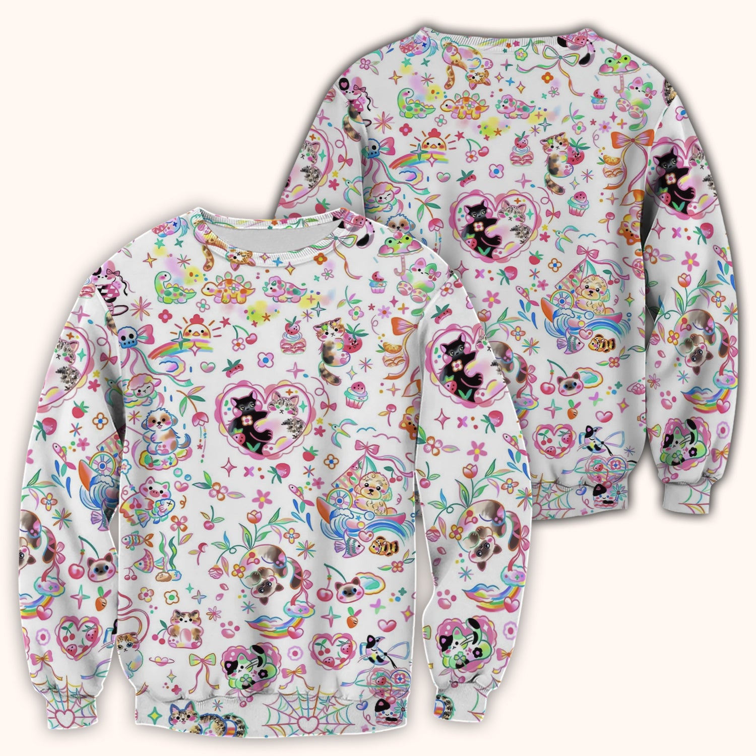 Cute Kawaii Animal Rainbow Heart Pattern Scrub Top, Comfortable Scrubs for Nurses