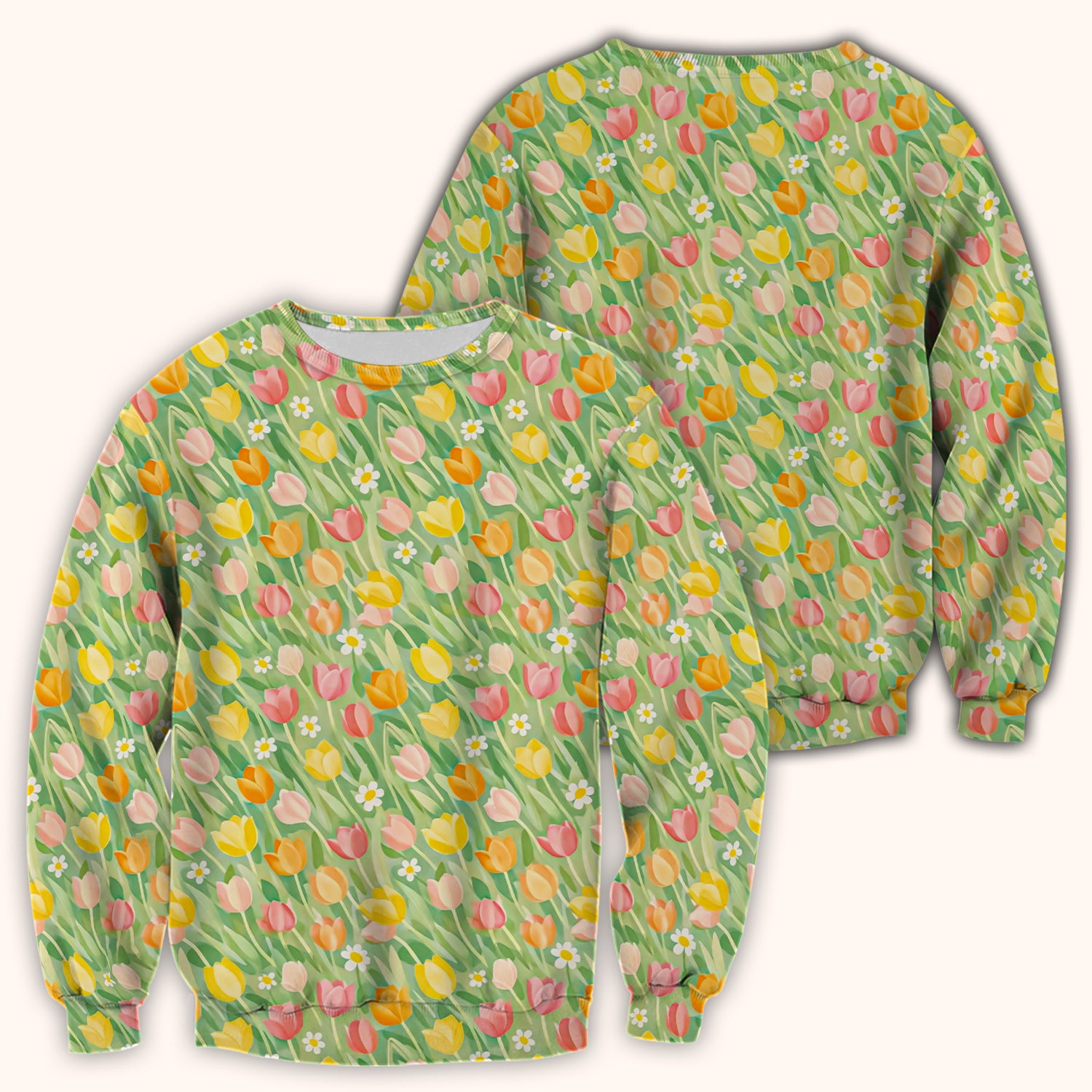 Cheerful Tulip Meadow Print Scrub Top, Breathable Fabrics Nursing Uniform