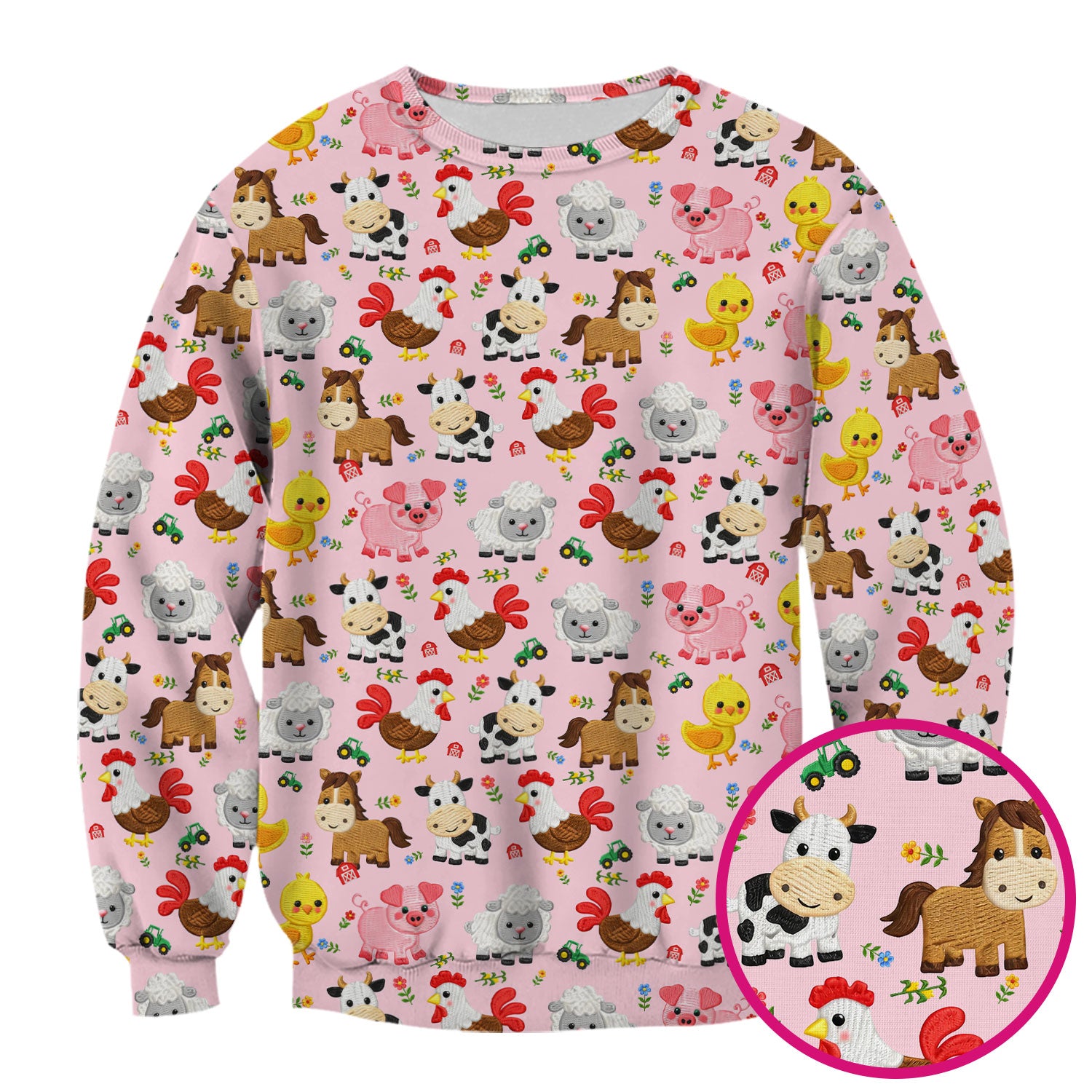 Cartoon Farm Animal Pattern Scrub Top, Breathable Fabrics Nursing Uniform