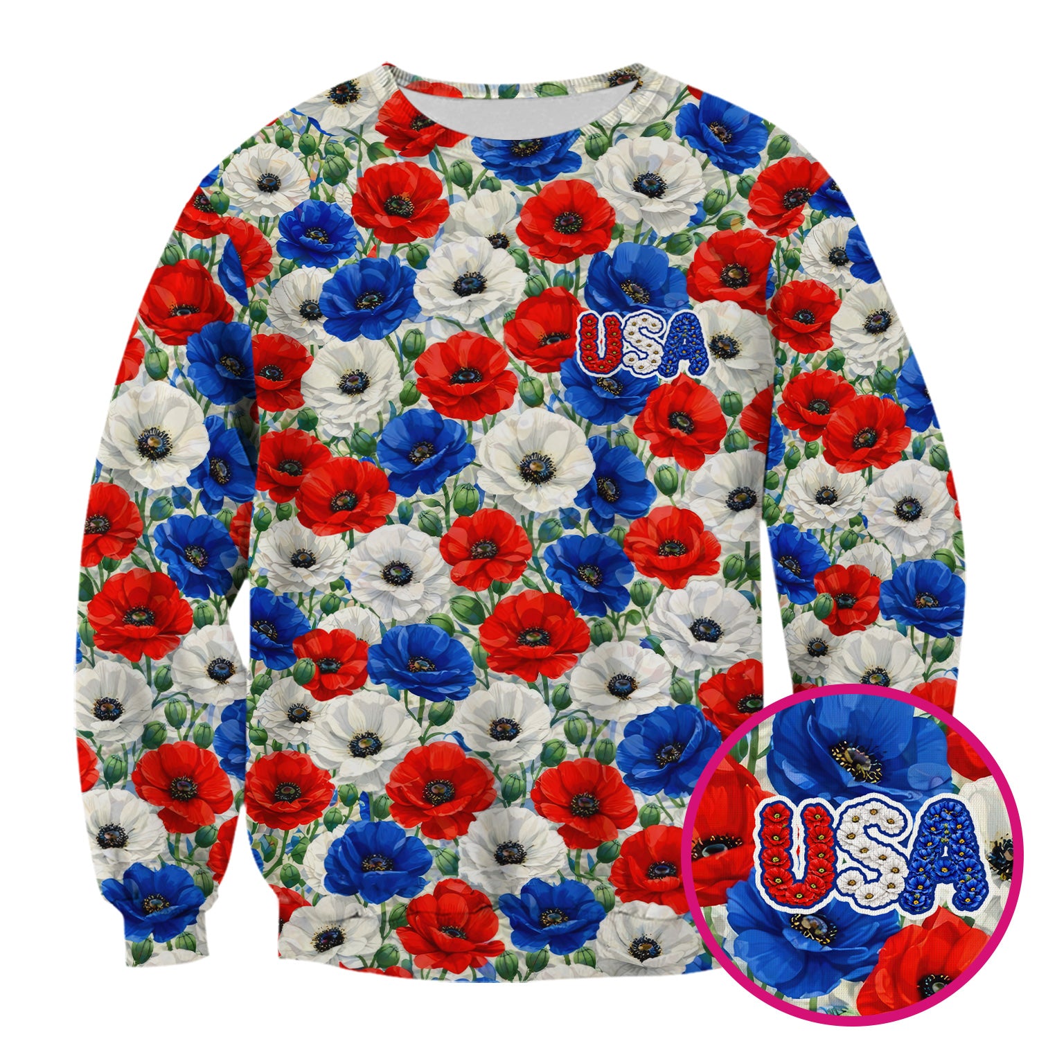 Festive Patriotic Red Blue Poppy Floral Pattern Scrub Top, Comfortable Scrubs for Nurses