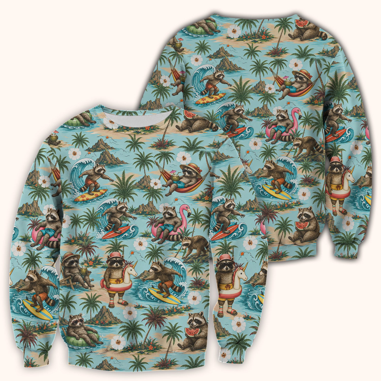 Tropical Raccoon with Surfing Island Beach Print Scrub Top, Comfortable Scrubs for Nurses