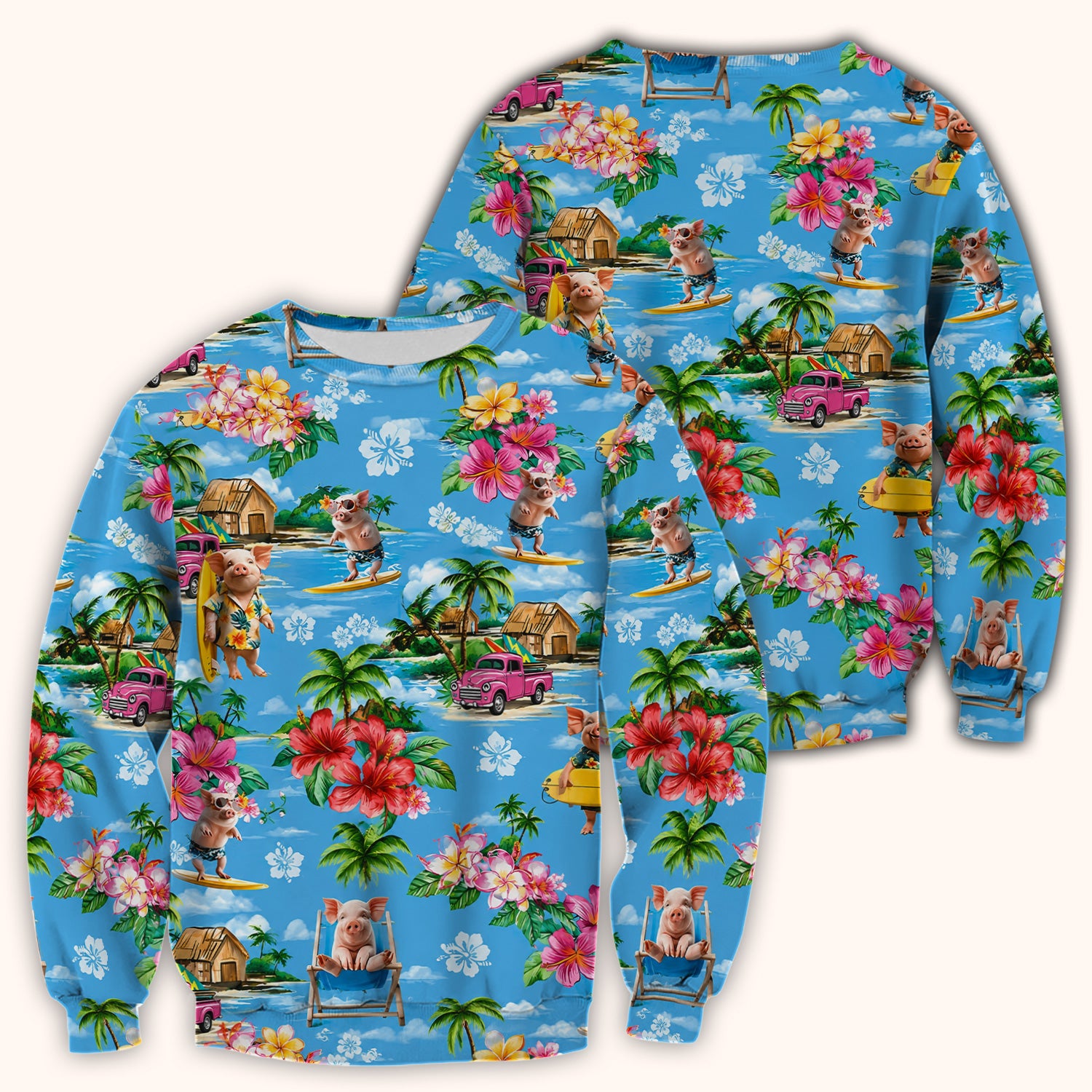 Tropical Surfing Pig Beach Pattern Scrub Top, Comfortable Scrubs for Nurses