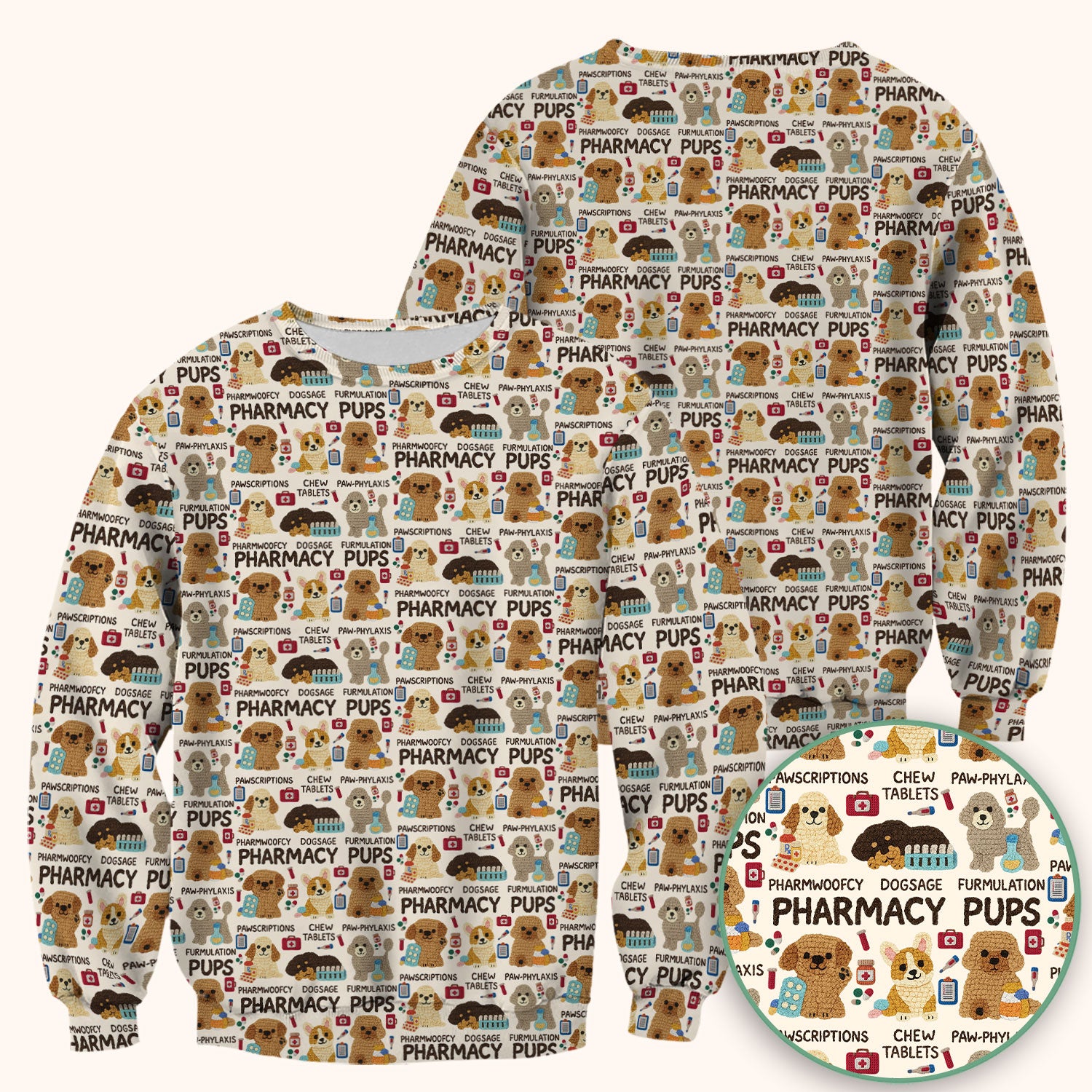 Pharmacy Pups Scrub Top for Women - Cute Dog Pattern Medical Shirt for Pharmacists & Vet Techs - Fun Blue Pharmacy Nurse Uniform