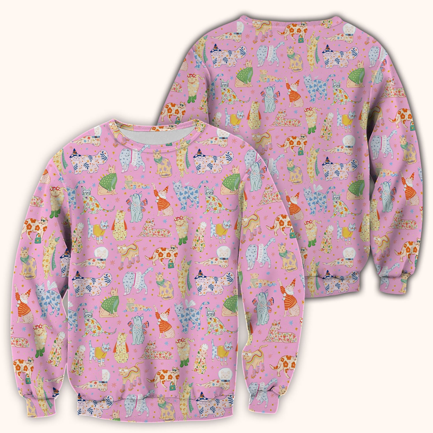 Colorful Pastel Cartoon Cats Print Scrub Top, Breathable Fabrics Nursing Uniform