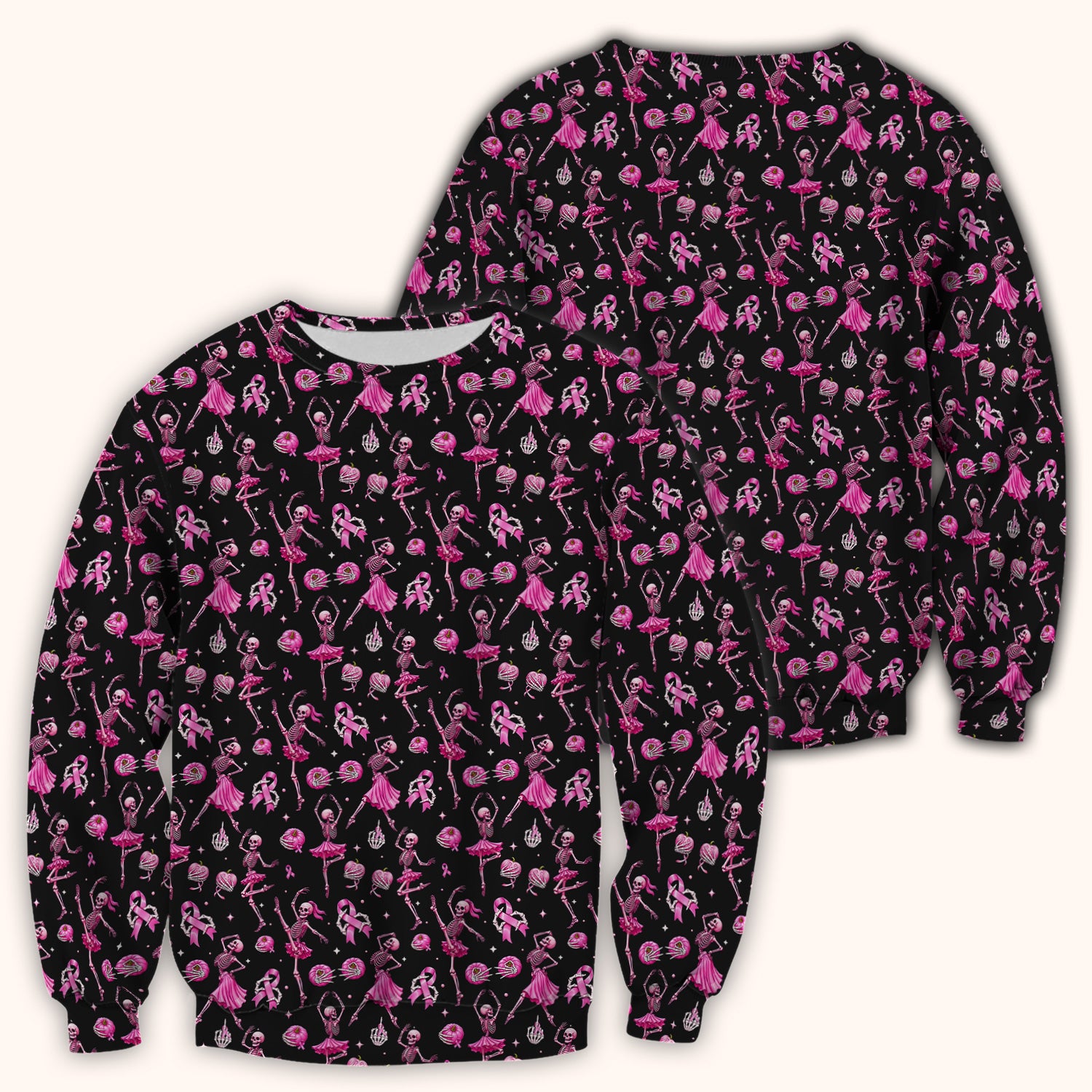Pink Ribbon Skeleton Ballerina Print Scrub Top, Comfortable Scrubs for Nurses