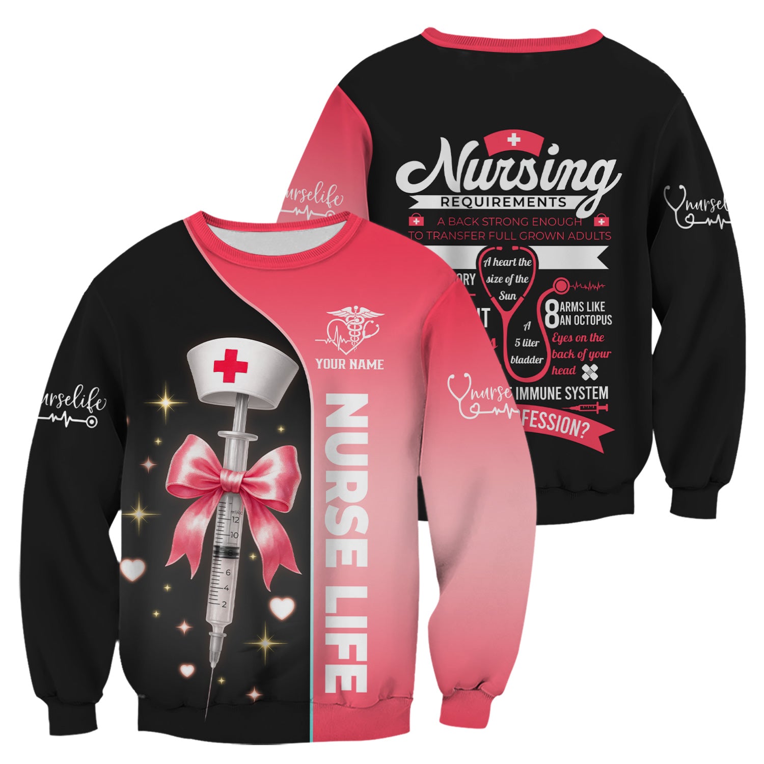 Personalized Nurse Life Scrubs for Women RN LPN CNA - Cute Pink and Black Syringe Bow Design - Funny Medical Quote Gift for Healthcare Workers in Nursing Field