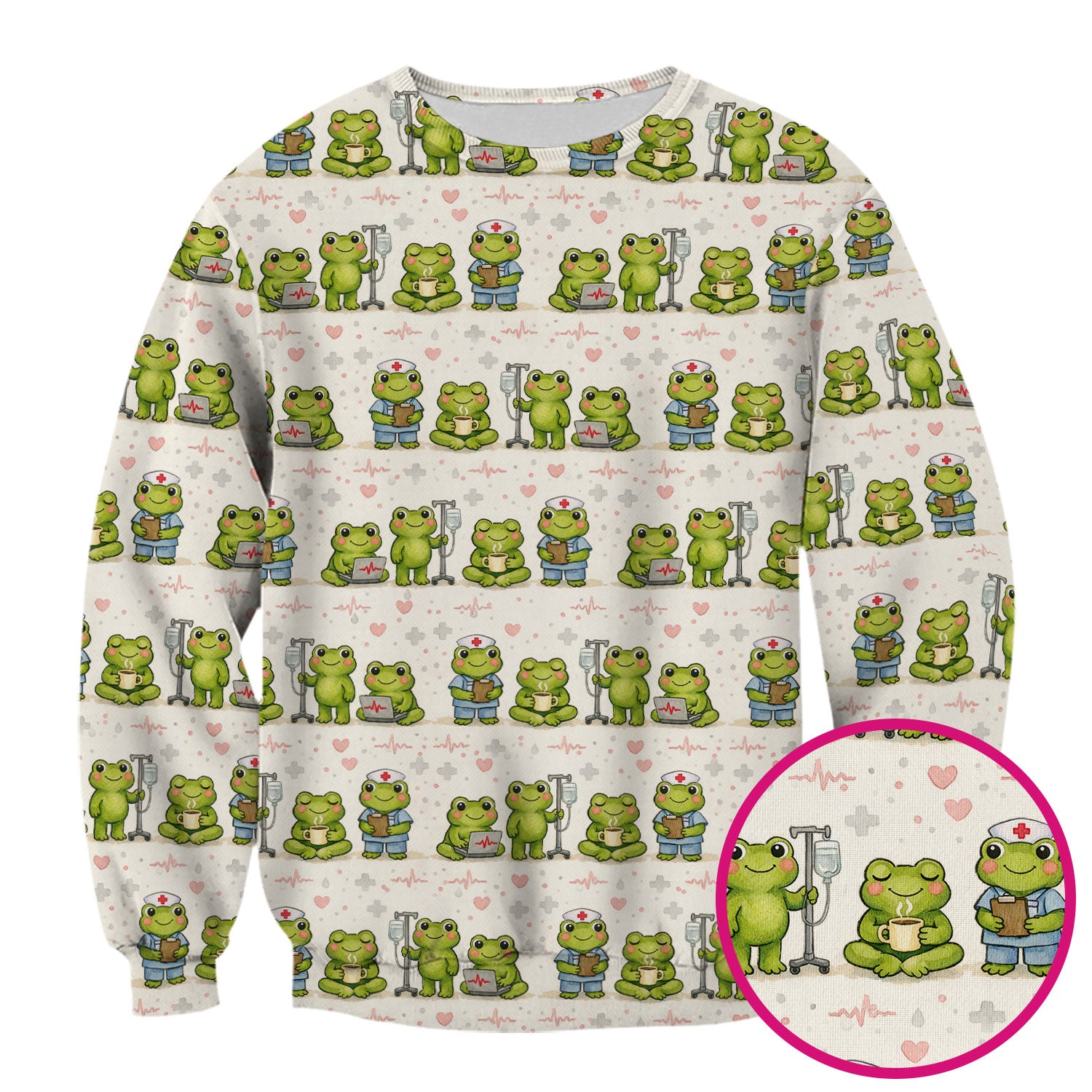Adorable Frog Nurse Various Poses Print Scrub Top, Comfortable Scrubs for Nurses