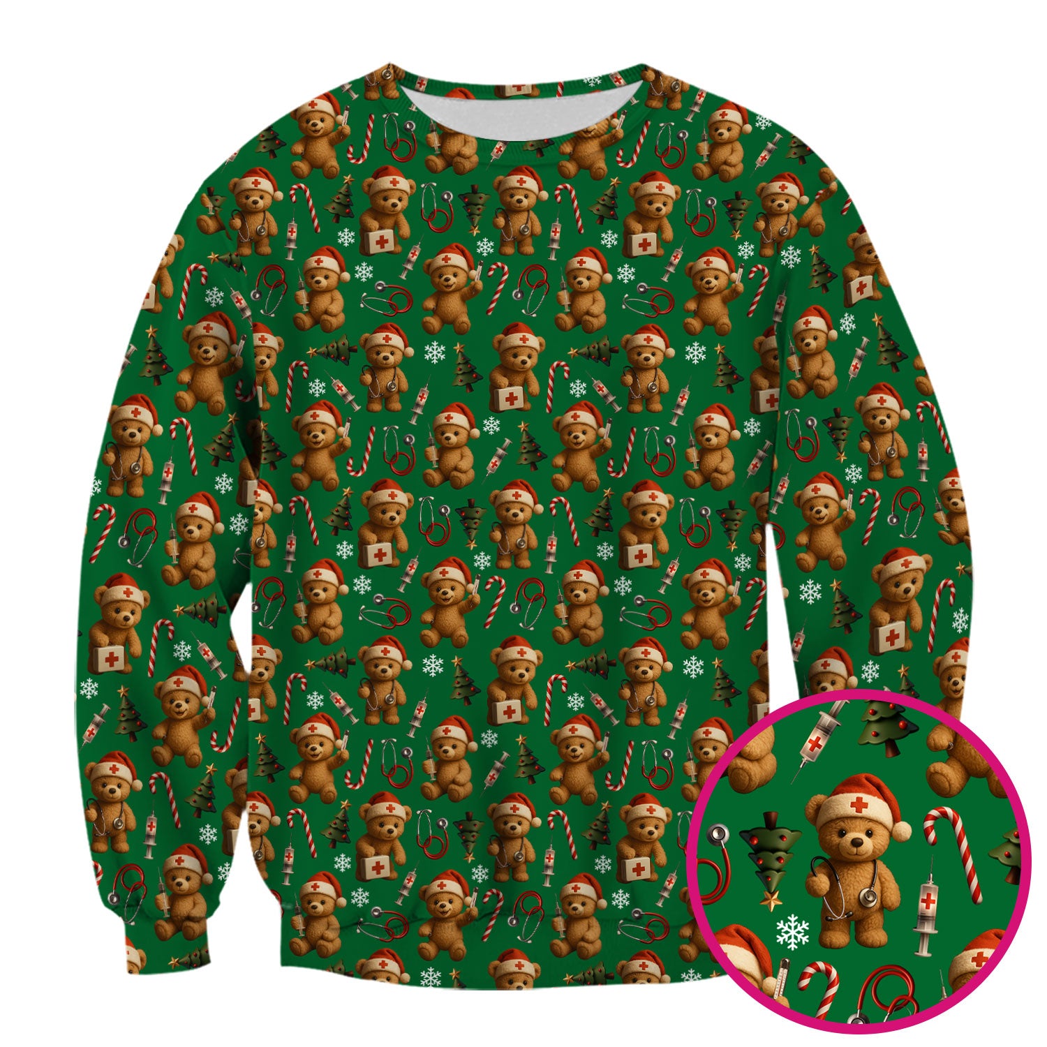 Teddy Bear Christmas Scrubs for Women - Cute Nurse Bear Pattern Medical Scrub Top - Holiday Christmas Scrubs with Fun Festive Design