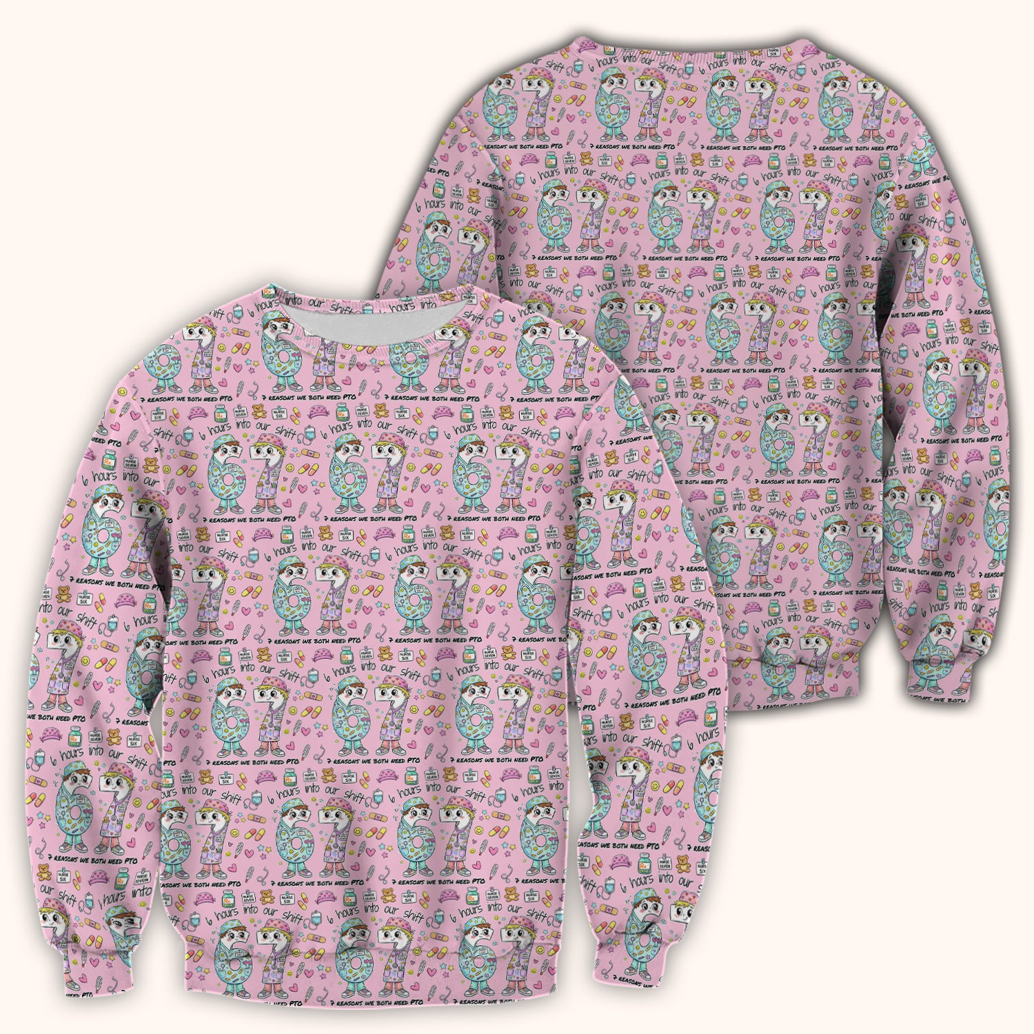 Cartoon Characters Six Hours Into Shift With Medical Doodle Scrub Top, Breathable Fabrics Nursing Uniform