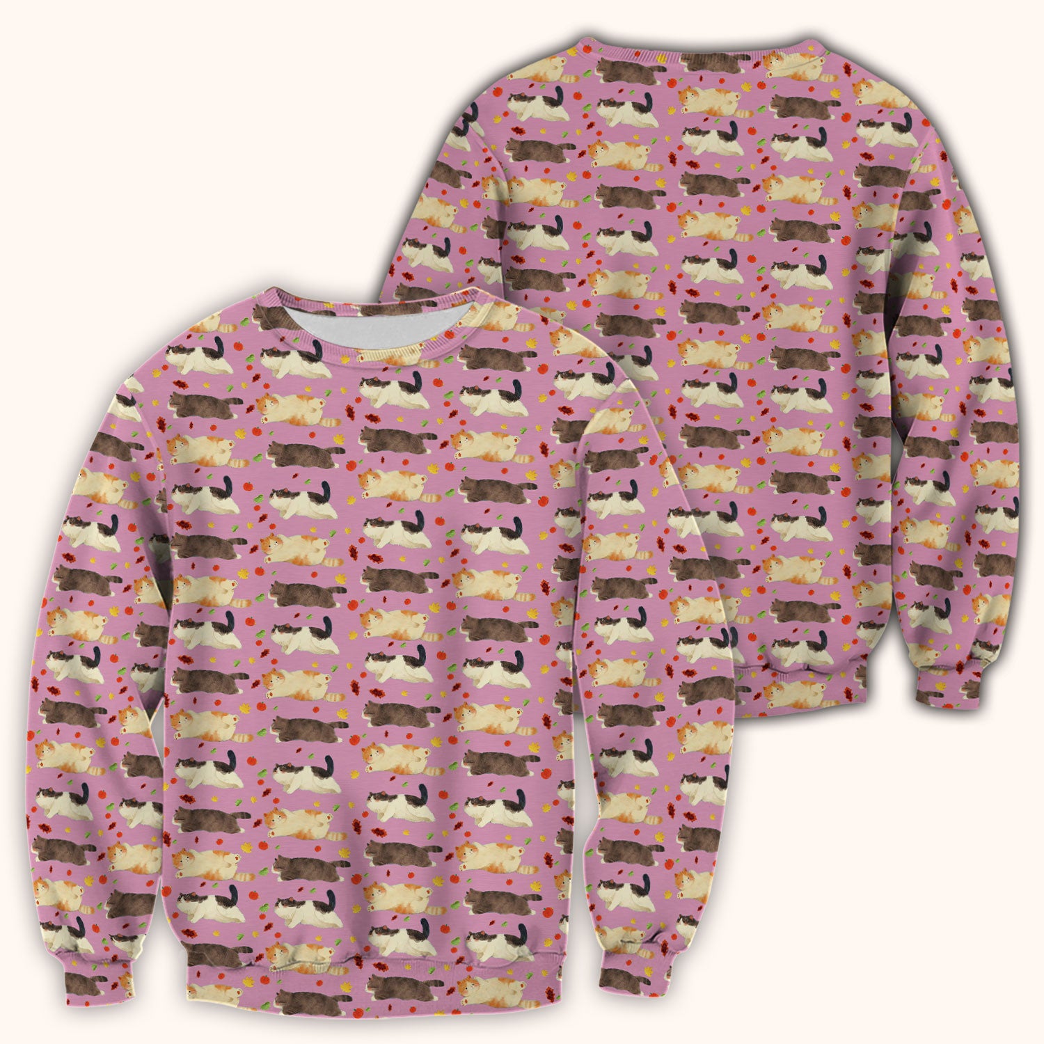 Chubby Cat Autumn Leaves Print Scrub Top, Breathable Fabrics Nursing Uniform