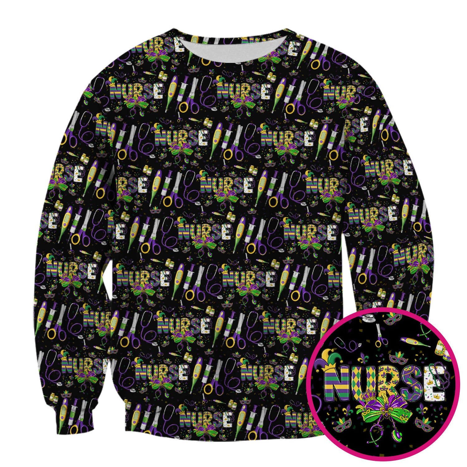 Mardi Gras Nurse Scrub Top, Holiday Medical Pattern Nurse Shirt, Breathable Fabrics Nursing Uniform