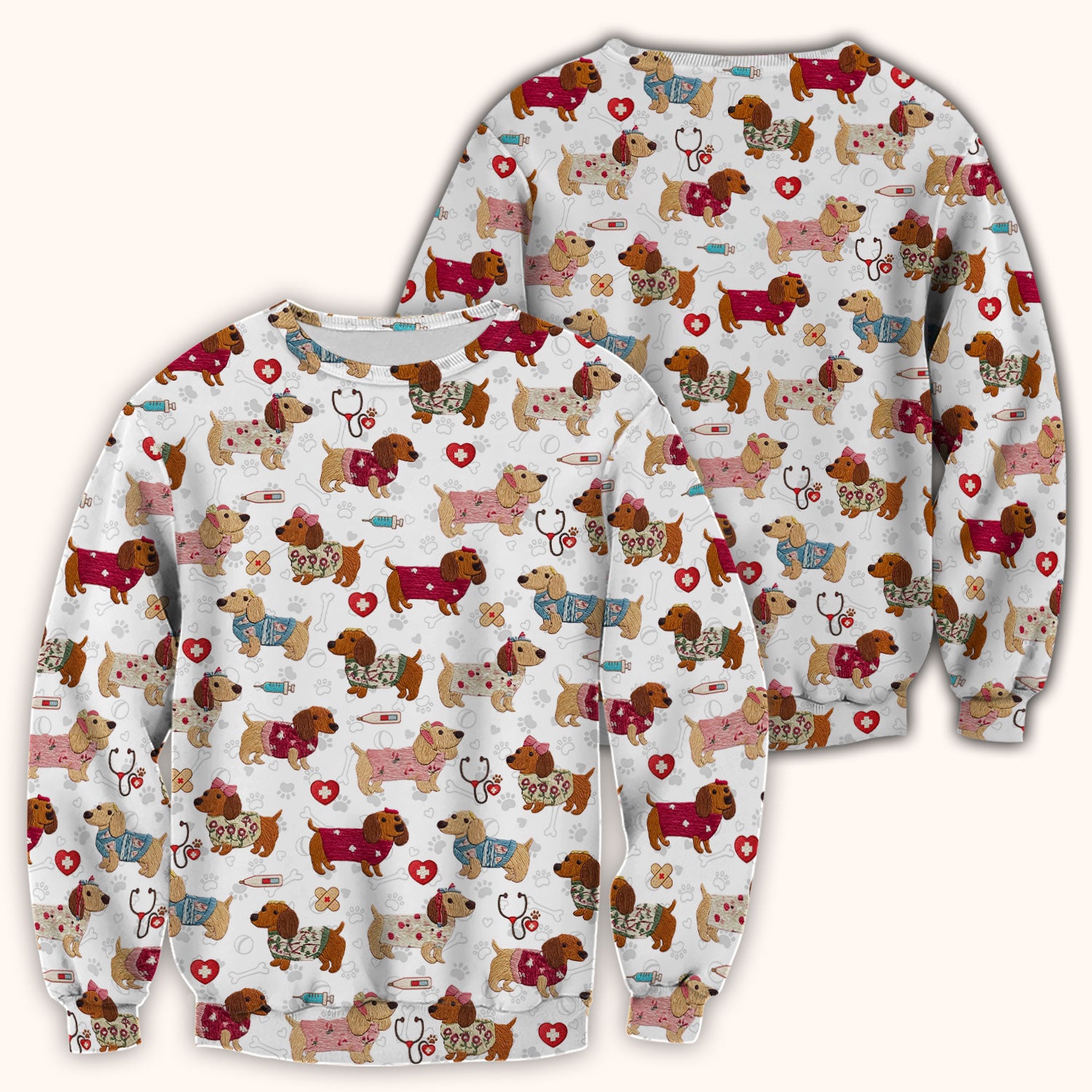 Cute Medical Wiener Dog Pattern Nurse Shirt, Dachshund Nursing Scrub Top, Breathable Fabrics Nursing Uniform