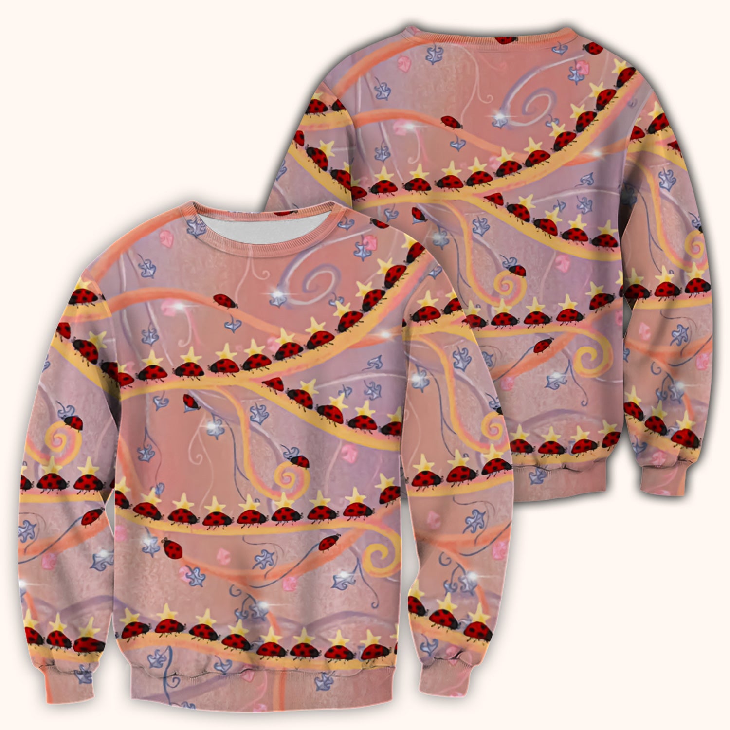 Cute Ladybug Star Vine Swirl Pattern Scrub Top, Comfortable Scrubs for Nurses