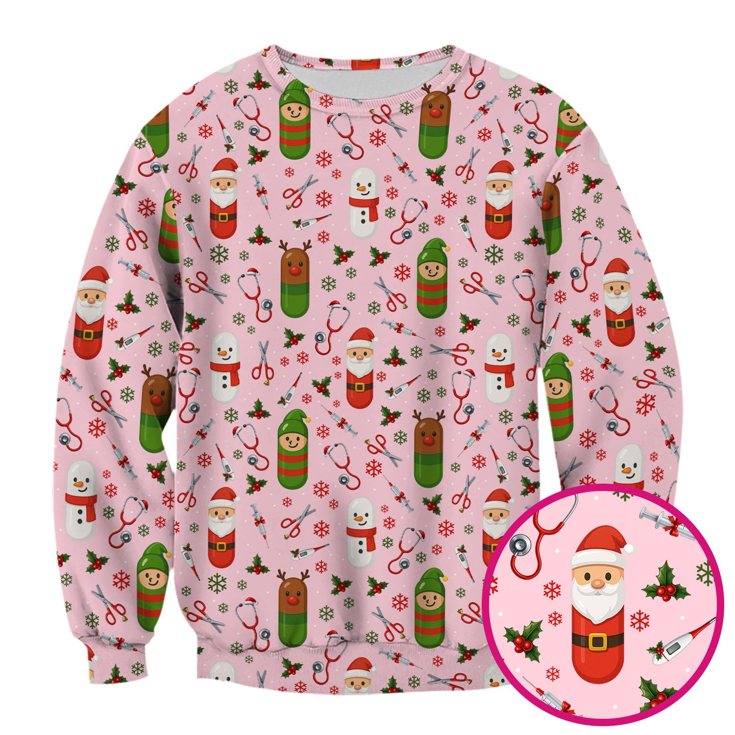 Christmas Scrub Top for Nurses – Cute Santa and Medical Tools Pattern – Holiday Nurse Scrubs with Snowman and Reindeer Design