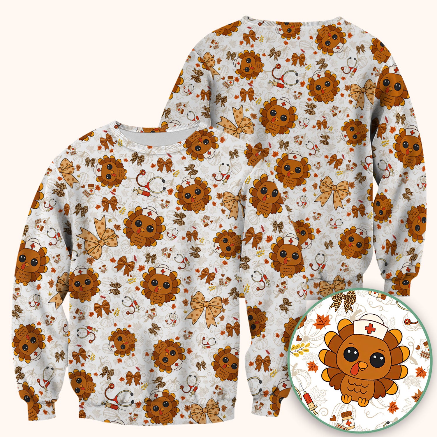 Thanksgiving Turkey Nurse Scrub Top for Women - Cute Fall Leaves and Bow Shirt - Autumn Medical Shirt Gift for RN CNA LPN Doctor