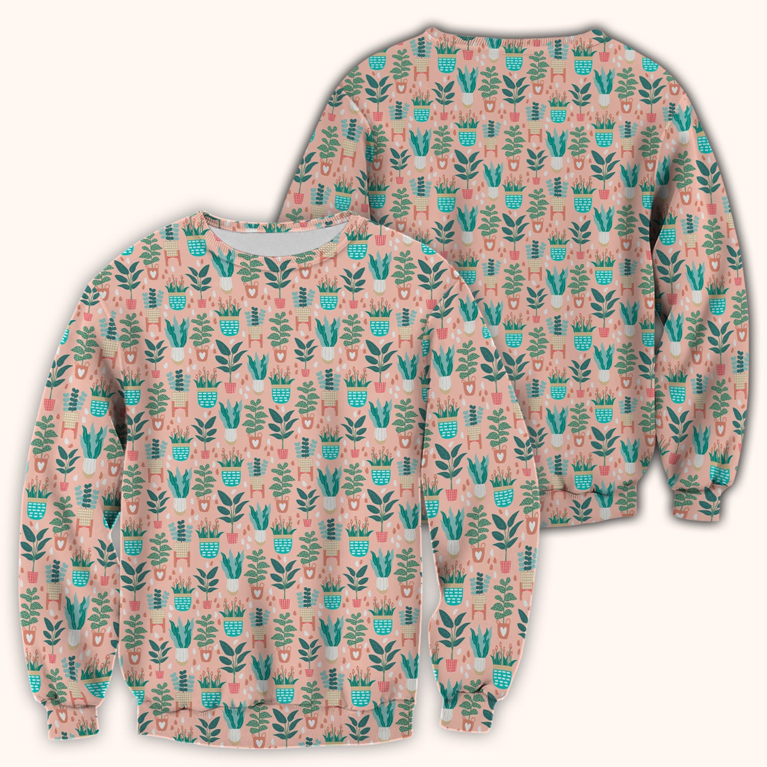 Potted Houseplant Leaves Pattern Scrub Top, Comfortable Scrubs for Nurses