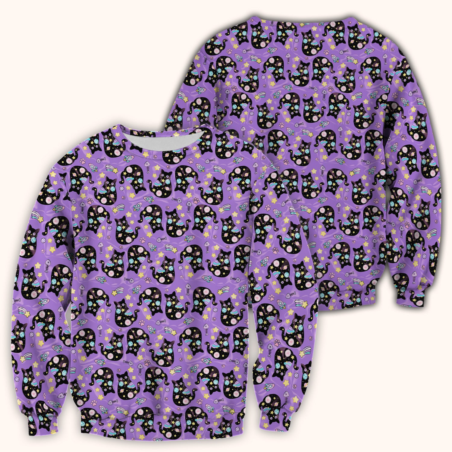 Galaxy Black Cat Space Pattern Scrub Top, Breathable Fabrics Nursing Uniform