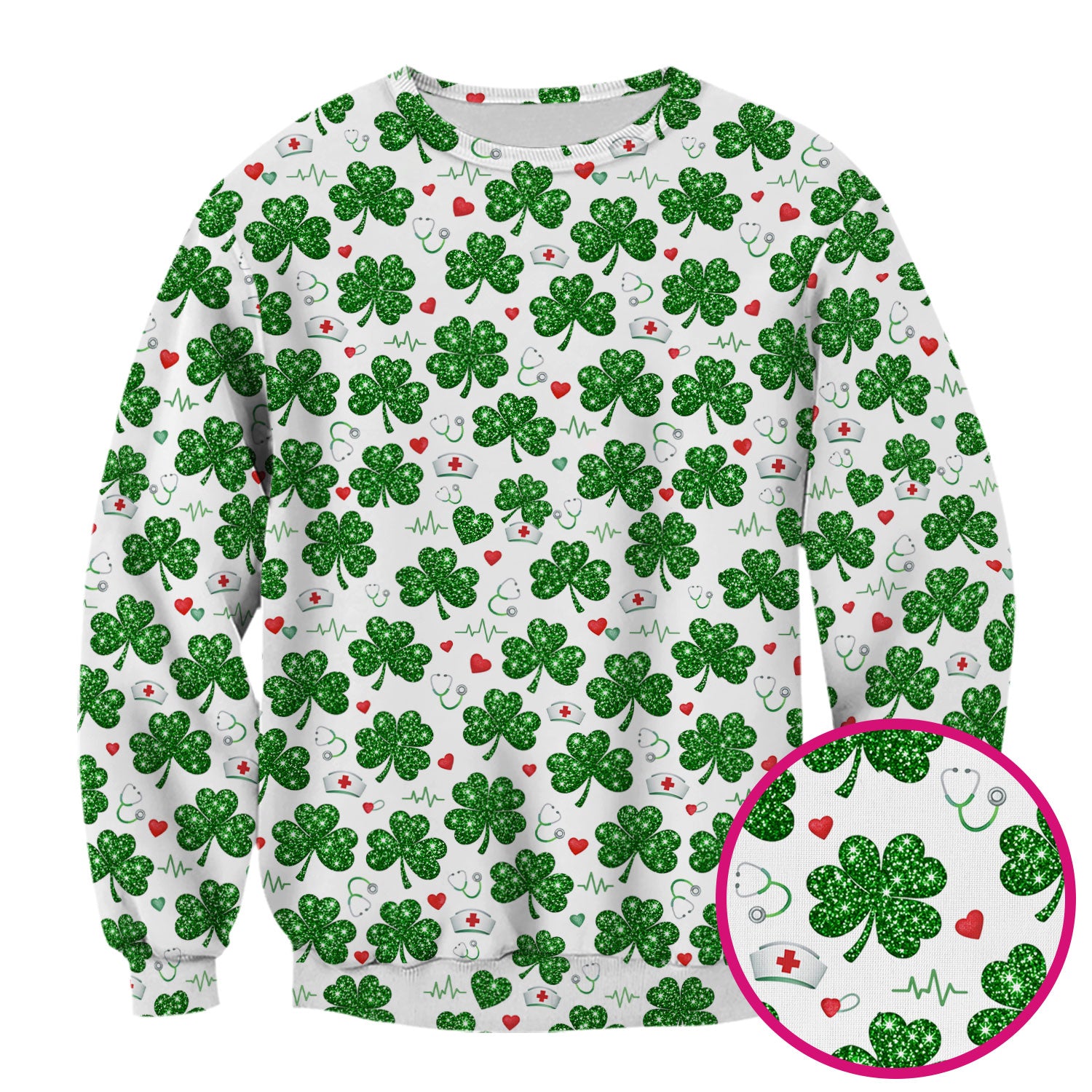 St. Patrick’s Day Nurse Scrub Top, Green Clover Medical Pattern Shirt, Breathable Fabrics Nursing Uniform