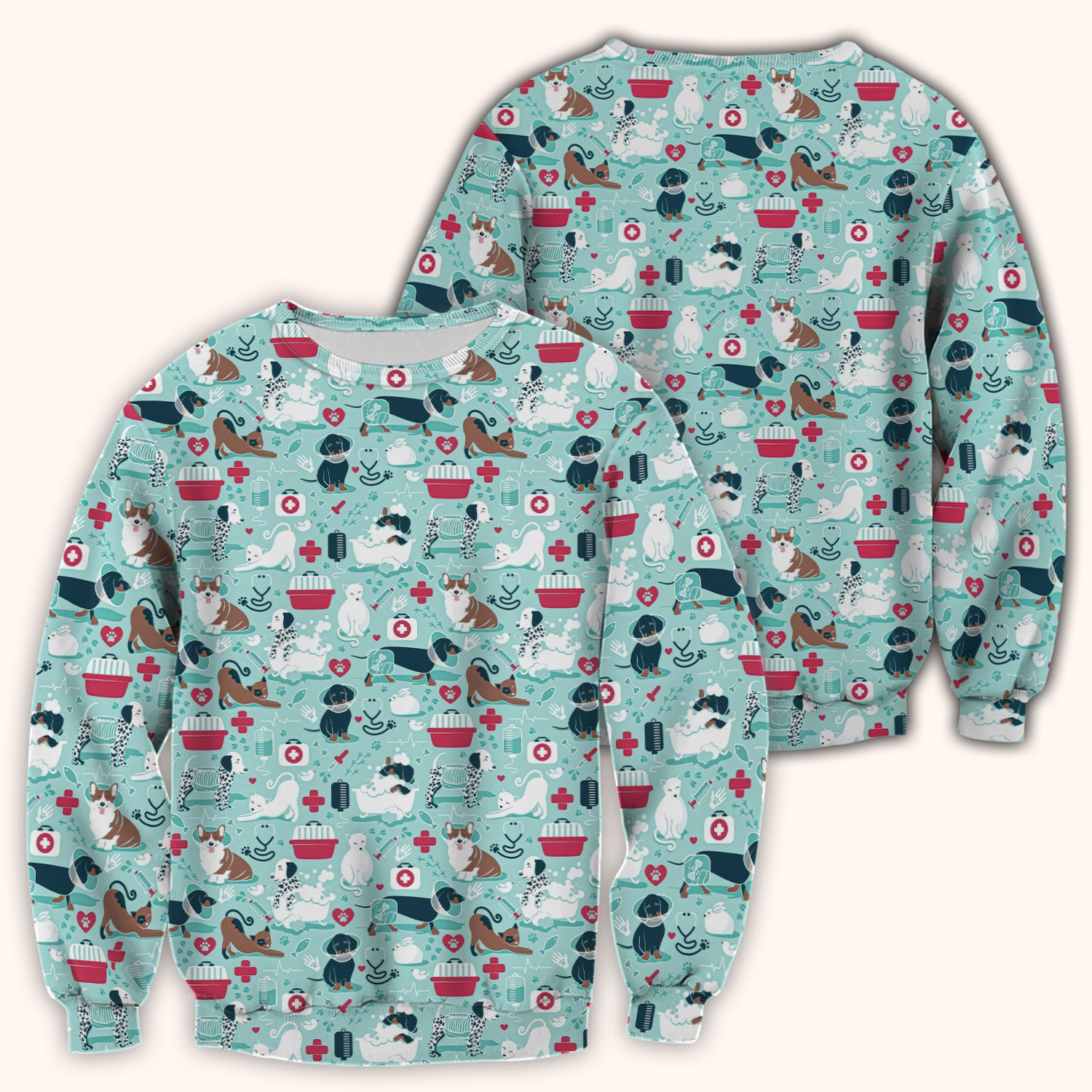 Dogs With Veterinary Tools And Paw Print Scrub Top, Breathable Fabrics Nursing Uniform