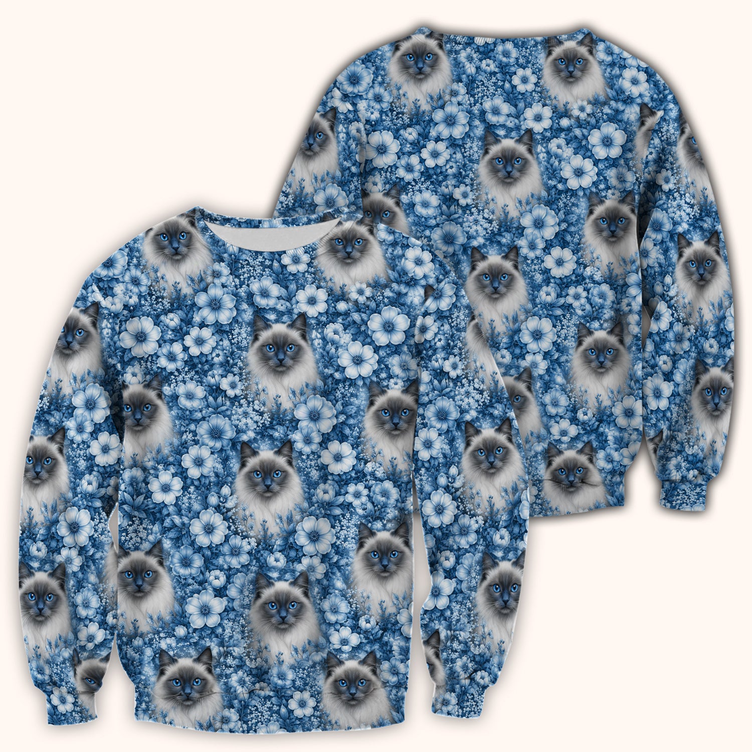 Blue Floral Ragdoll Cat Pattern Scrub Top, Comfortable Scrubs for Nurses