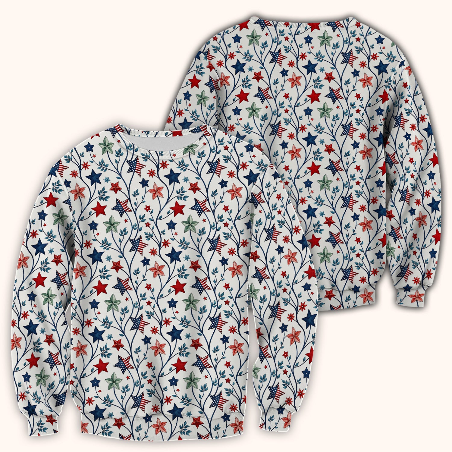 Patriotic Star Vine Floral Print Scrub Top, Comfortable Scrubs for Nurses