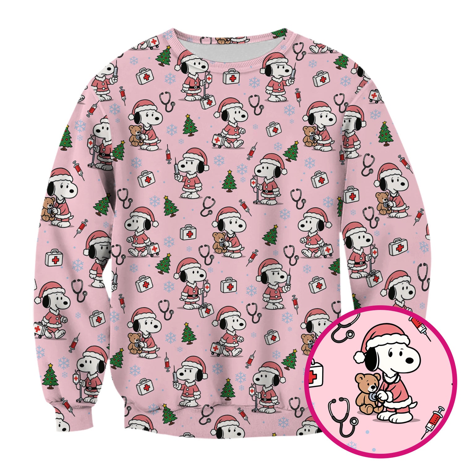 Snoopy Christmas Nurse Scrubs Top - Cute Pink Holiday Nursing Shirt - Funny Xmas Scrub Top for Women Nurses & Medical Workers