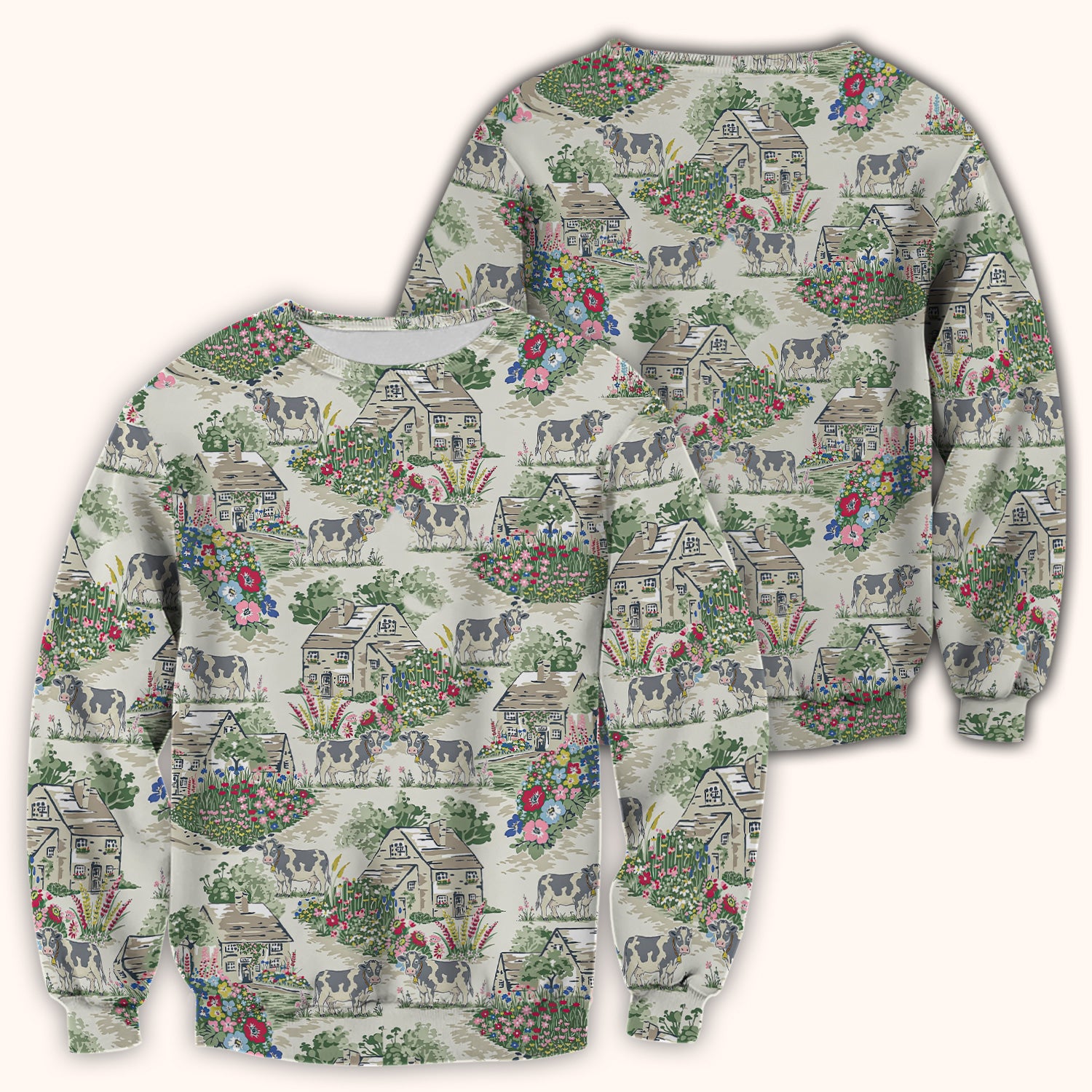 Charming Countryside Cows Cottage Garden Pattern Scrub Top, Comfortable Scrubs for Nurses