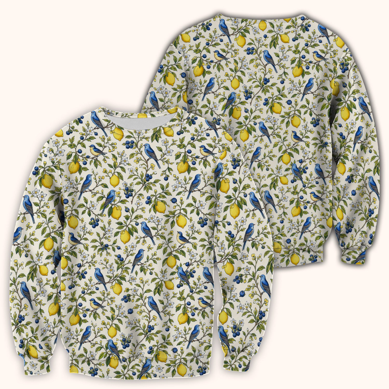 Bluebird Lemon Blossom Pattern Scrub Top, Comfortable Scrubs for Nurses