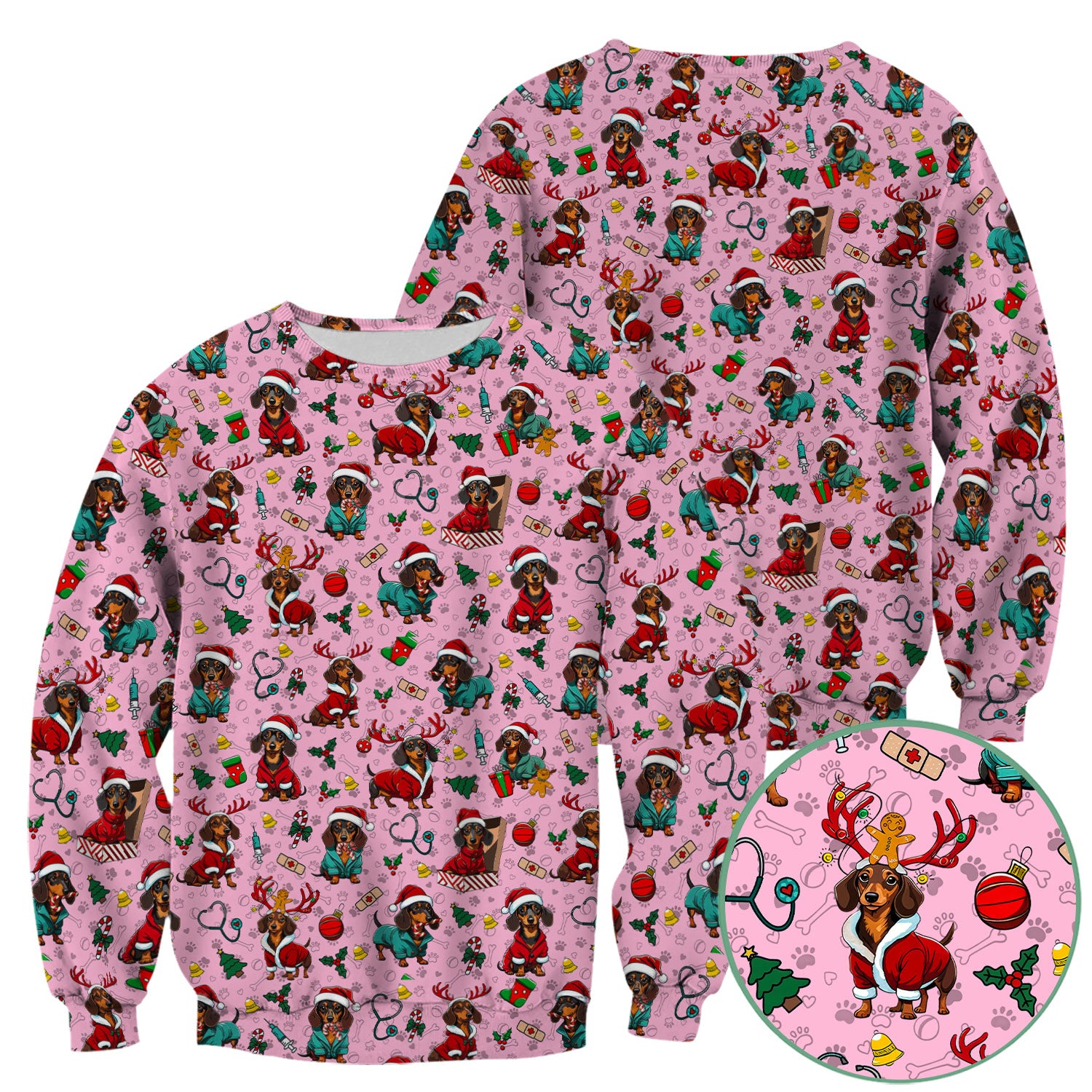 Christmas Dachshund Scrubs for Nurses - Cute Sausage Dog Holiday Scrub Top - Funny Reindeer & Santa Medical Shirt for Women