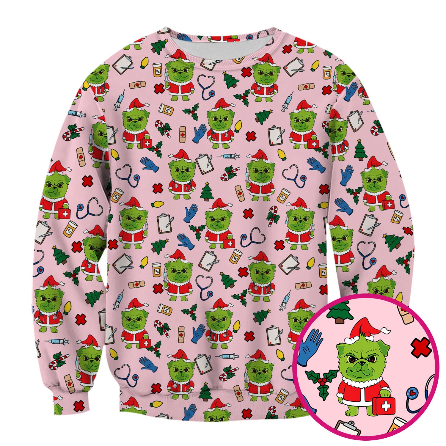 Funny Christmas Scrub Top for Nurses - Grumpy Dog and Medical Tools Pattern - Holiday Nurse Scrubs for Women