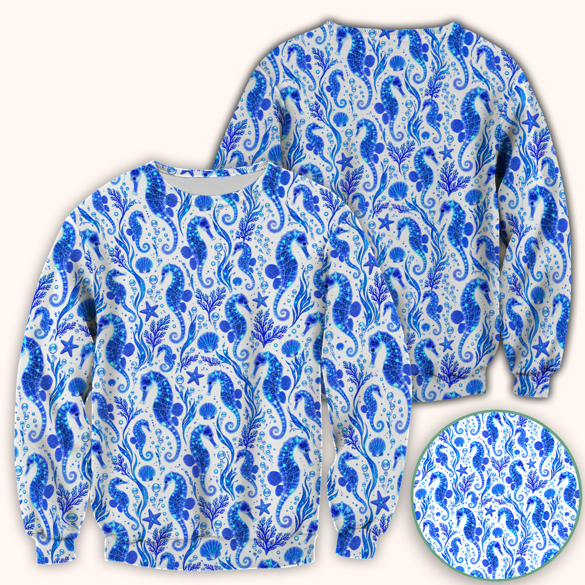 Blue Ocean Seahorse Pattern Scrub Top, Comfortable Scrubs for Nurses