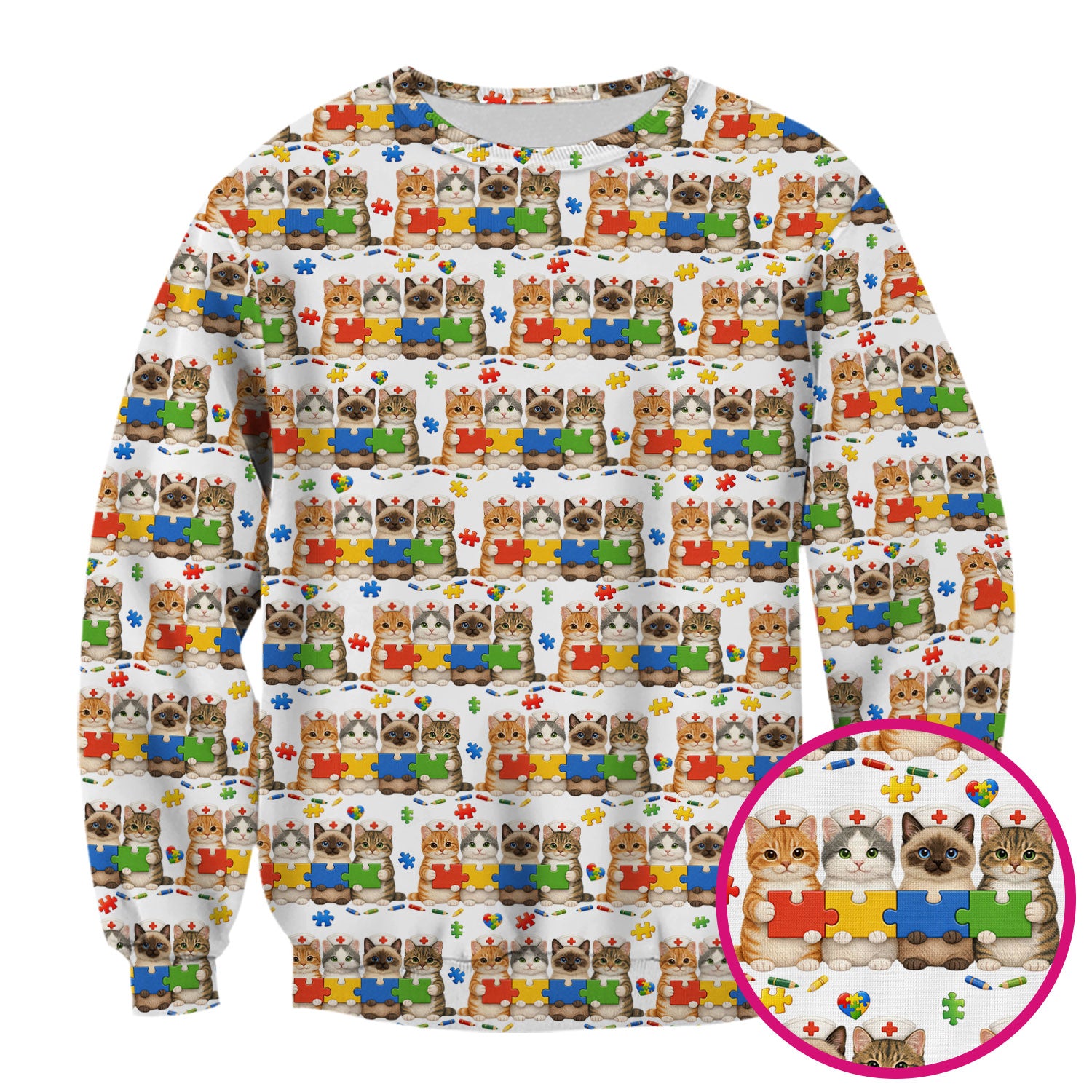 Autism Awareness Nurse Scrub Top, Cat Autism Pattern Nurses Shirt, Comfortable Uniform Scrubs For Nursing
