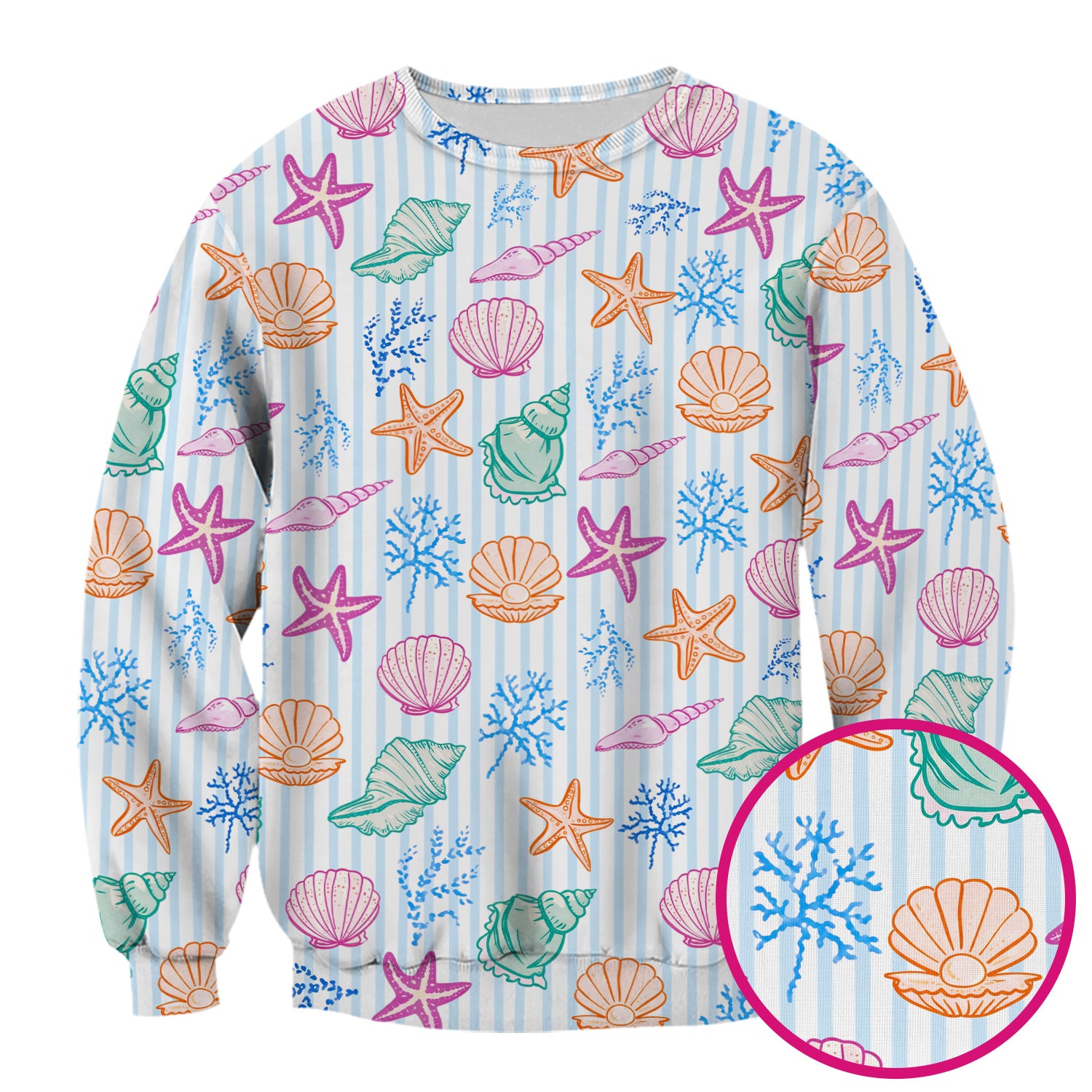 Colorful Seashell Starfish Ocean Stripe Pattern Scrub Top, Breathable Fabrics Nursing Uniform