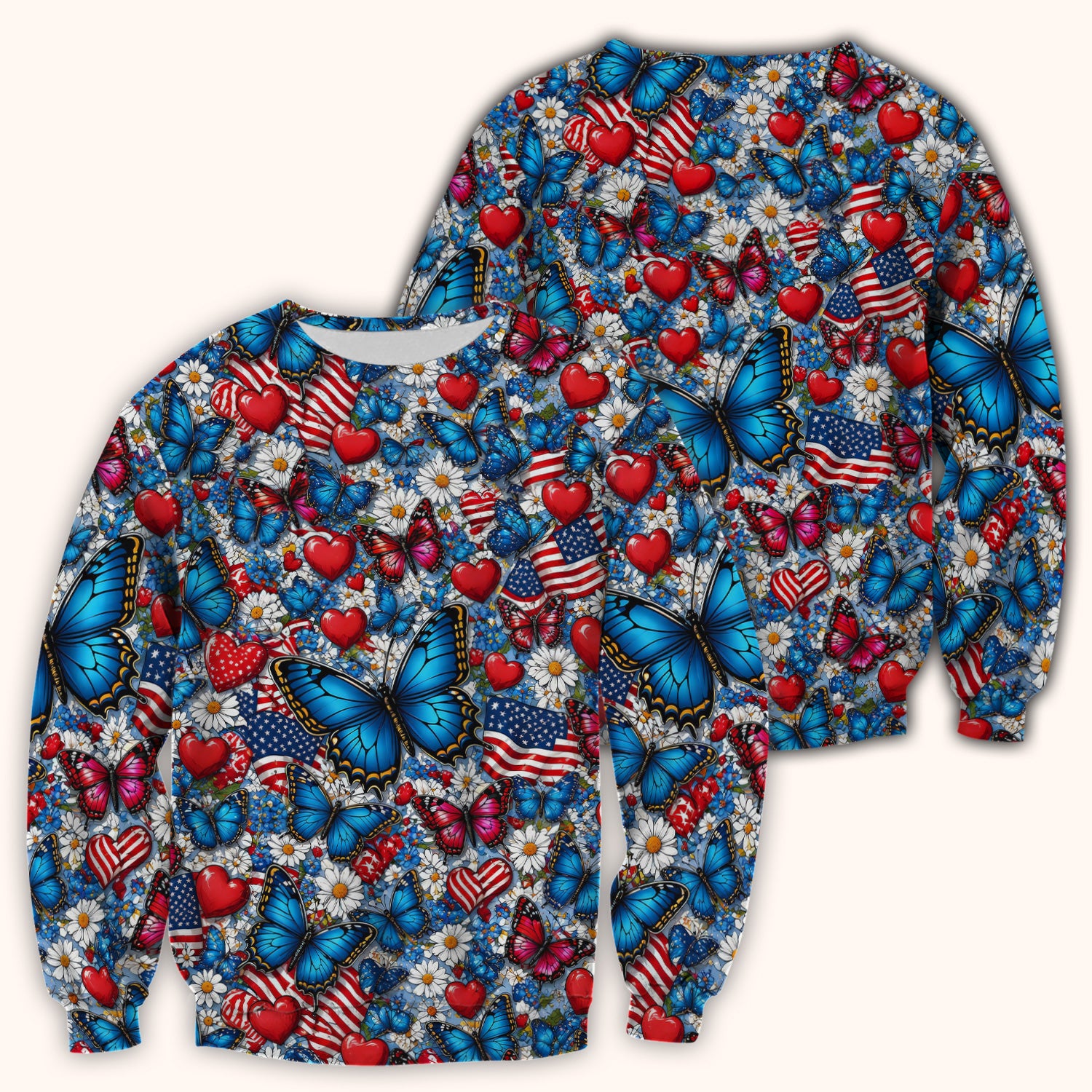 Festive Patriotic Butterfly Heart Floral Pattern Scrub Top, Comfortable Scrubs for Nurses