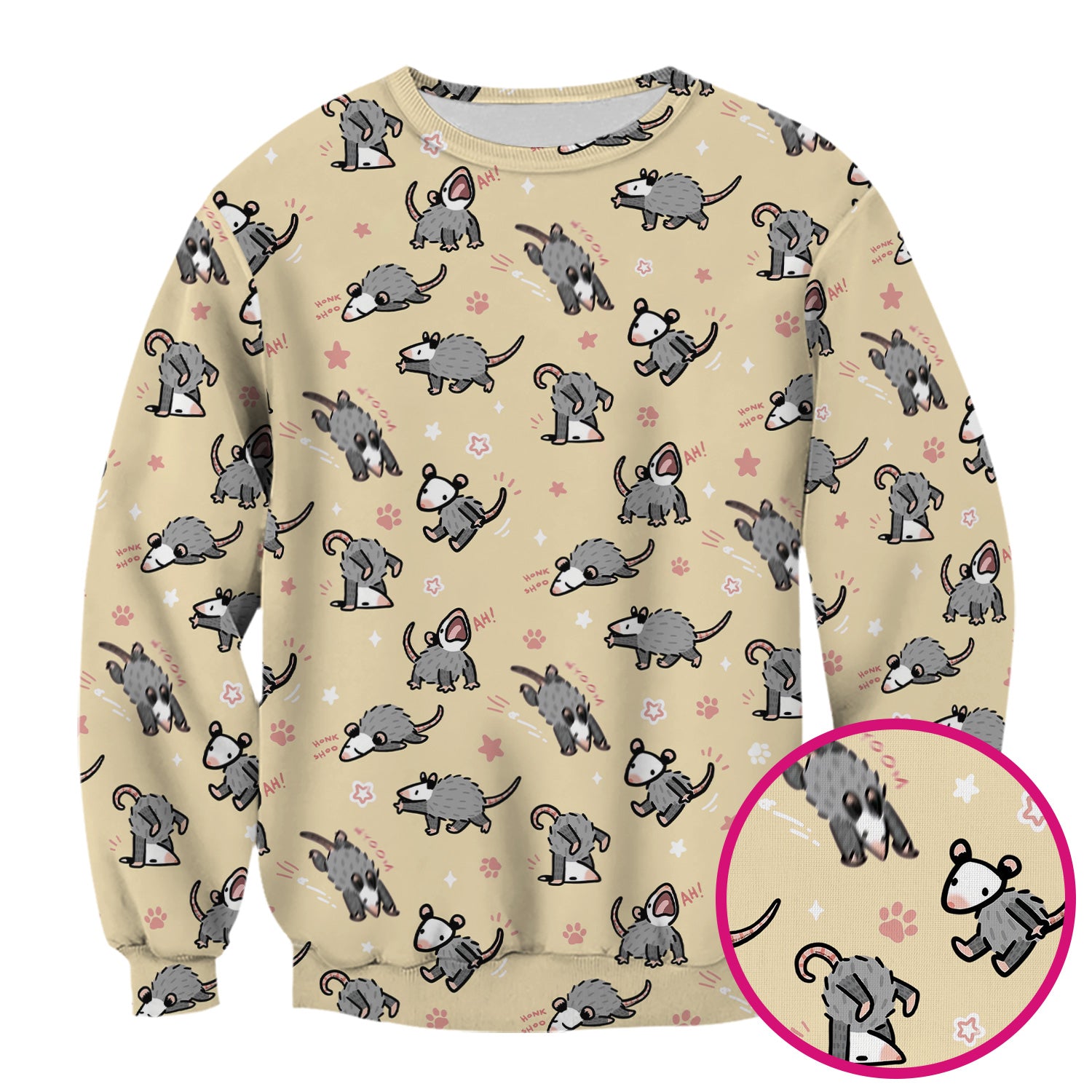 Playful Cartoon Opossum Character Pattern Scrub Top, Breathable Fabrics Nursing Uniform