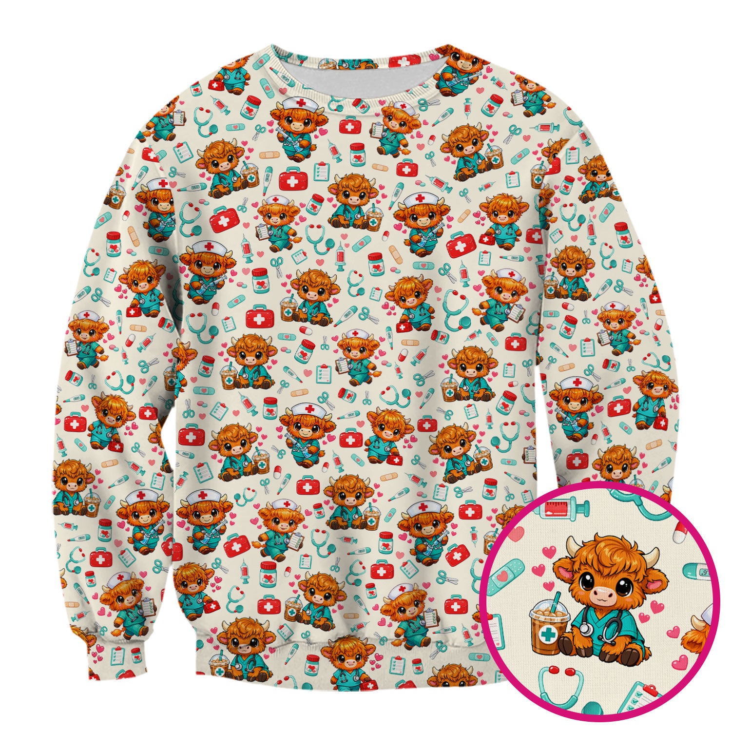 Cute Highland Cow Nurse Scrub Top, Kawaii Medical Pattern Shirt, Breathable Fabrics Nursing Uniform