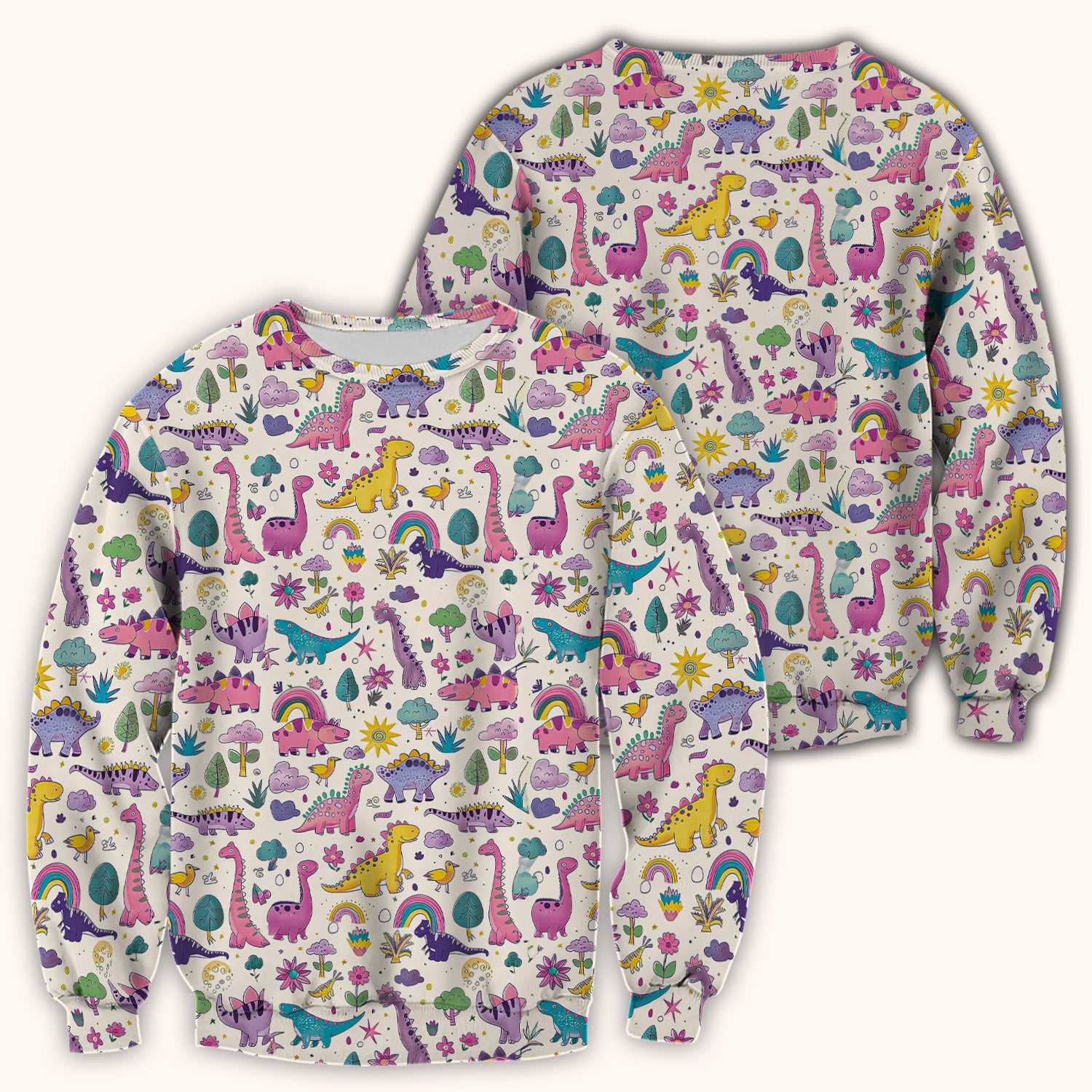 Cute Dinosaur Rainbow Pattern Scrub Top, Breathable Fabrics Nursing Uniform