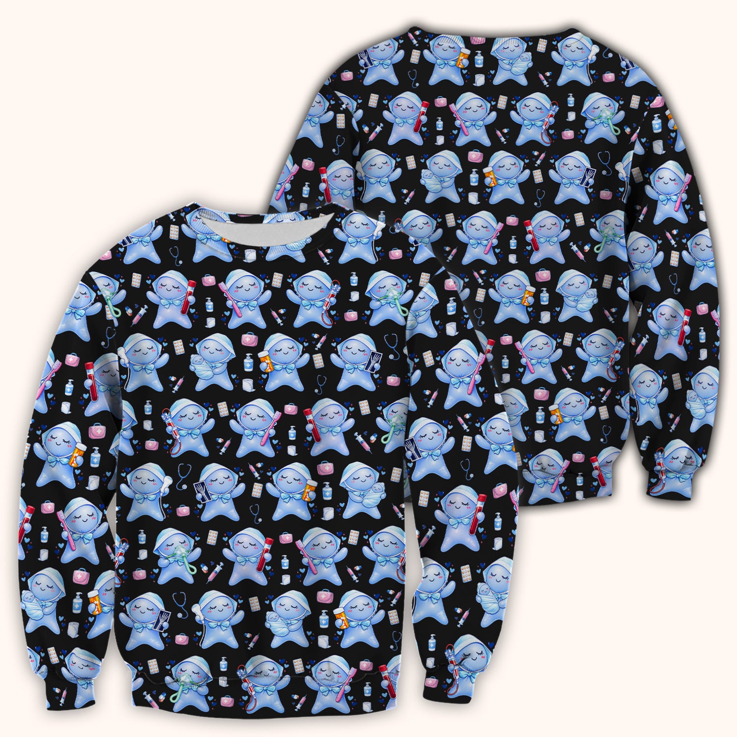Cute Tooth Character Dental Tools Caring Pattern Scrub Top, Breathable Fabrics Nursing Uniform