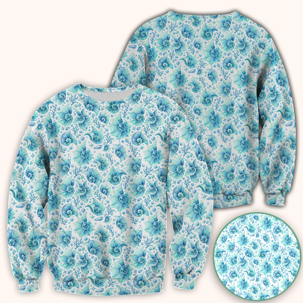 Blue Watercolor Seashell Pattern Scrub Top, Comfortable Scrubs for Nurses