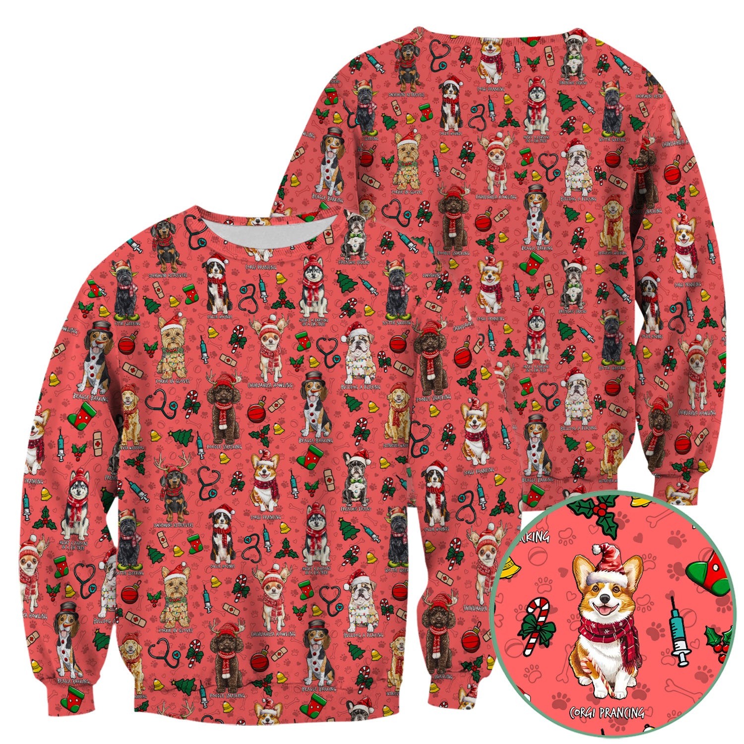 Cute Christmas Dog Scrubs for Nurses - Corgi, Dachshund, Husky, Poodle & Labrador - Funny Holiday Medical Scrub Top for Women
