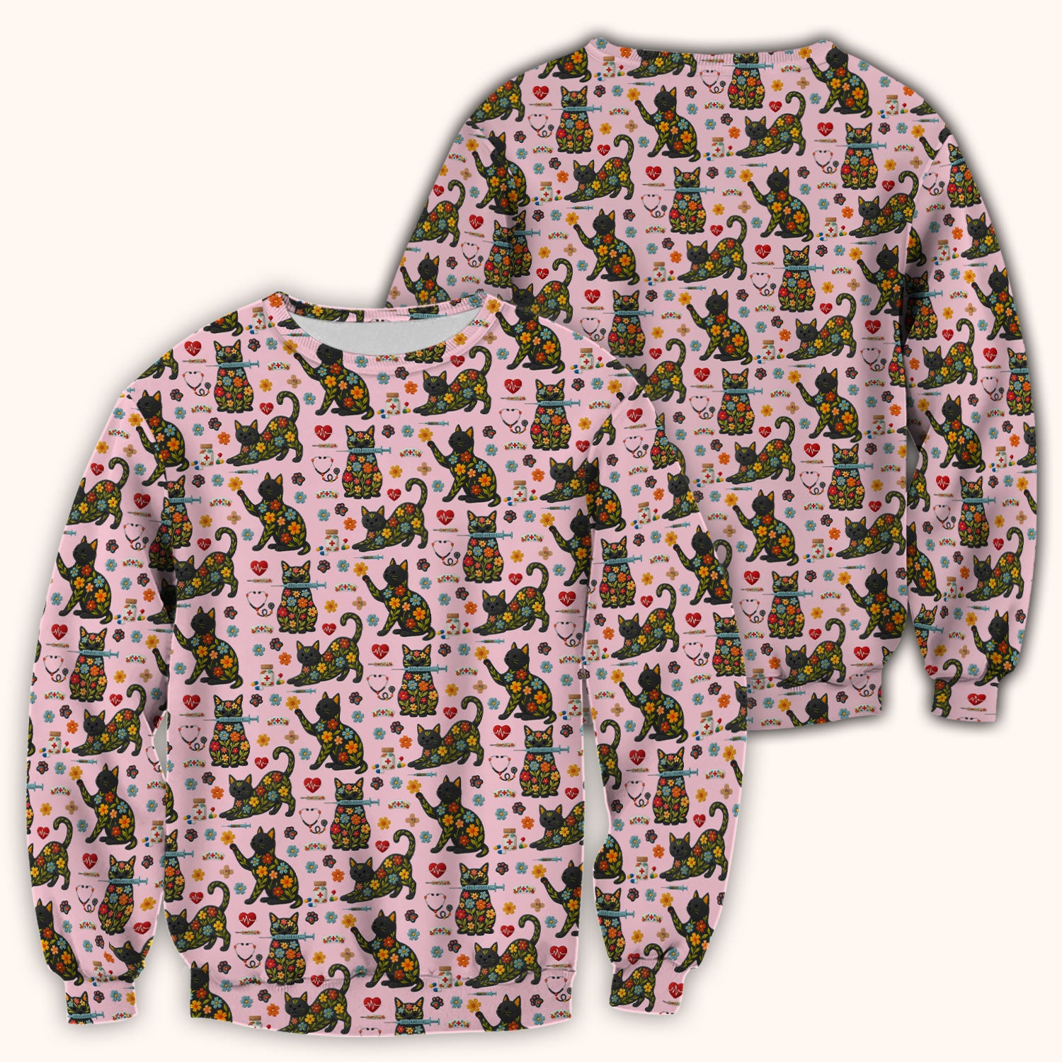 Floral Black Cat Pattern Scrub Top, Cute Cat Nurse Scrub Shirt, Medical Nursing Uniform