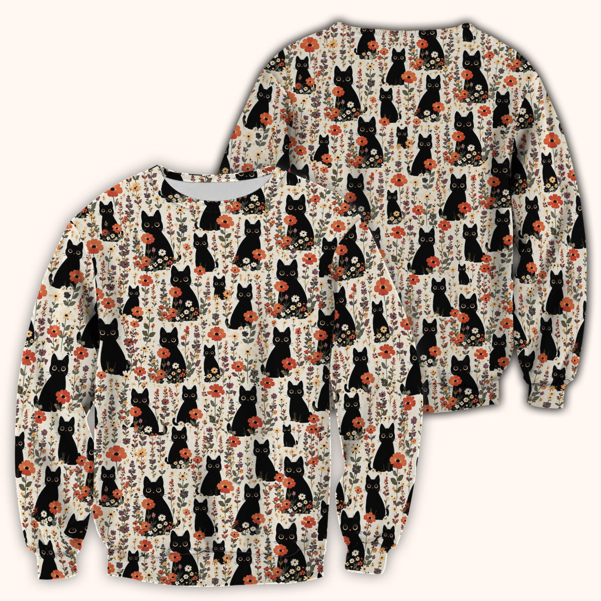 Cute Black Cat Wildflower Pattern Scrub Top, Comfortable Scrubs for Nurses