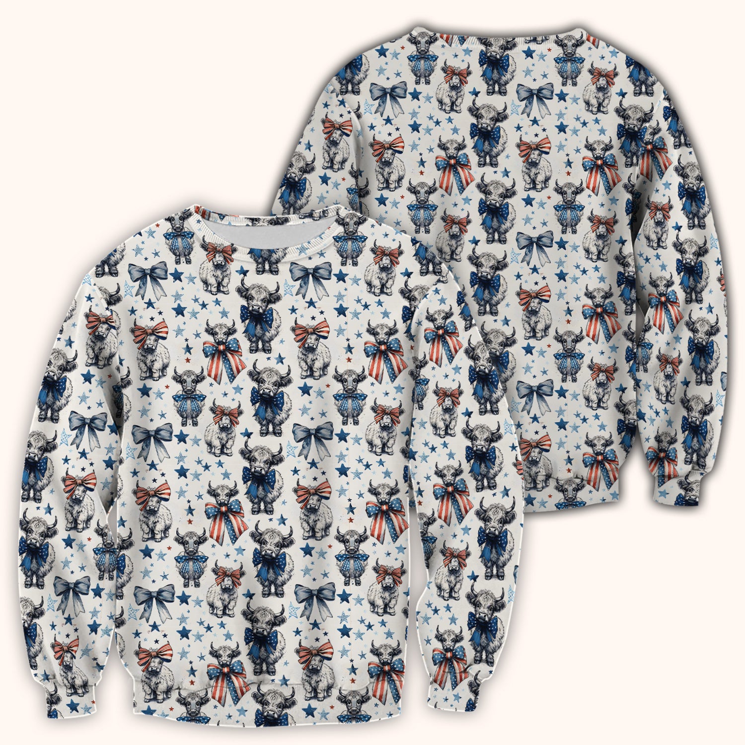 Patriotic Highland Cow Stars Pattern Scrub Top, Comfortable Scrubs for Nurses