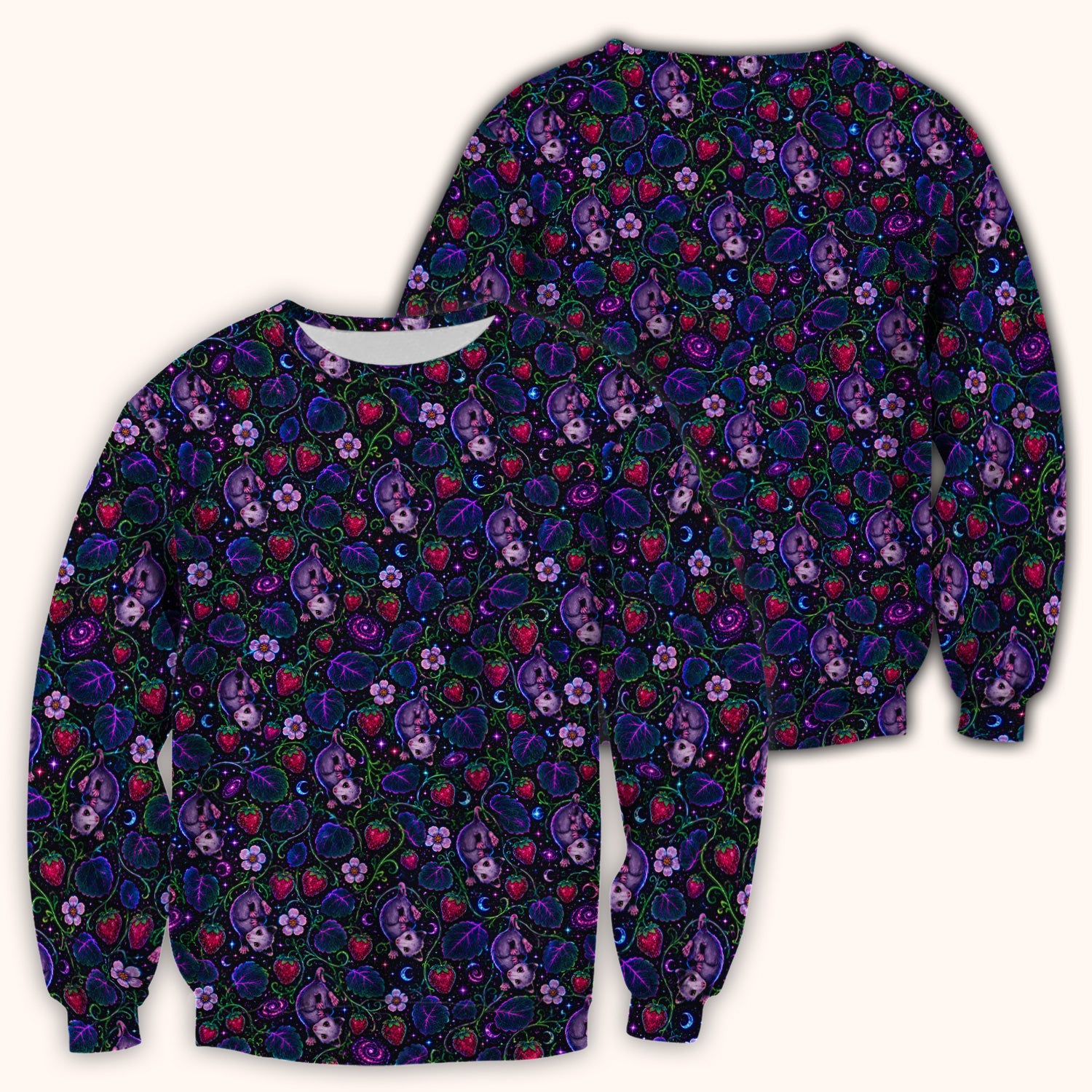 Galaxy Strawberry Opossum Pattern Scrub Top for RN, CNA, Veterinary Staff, Cat Lover Uniform