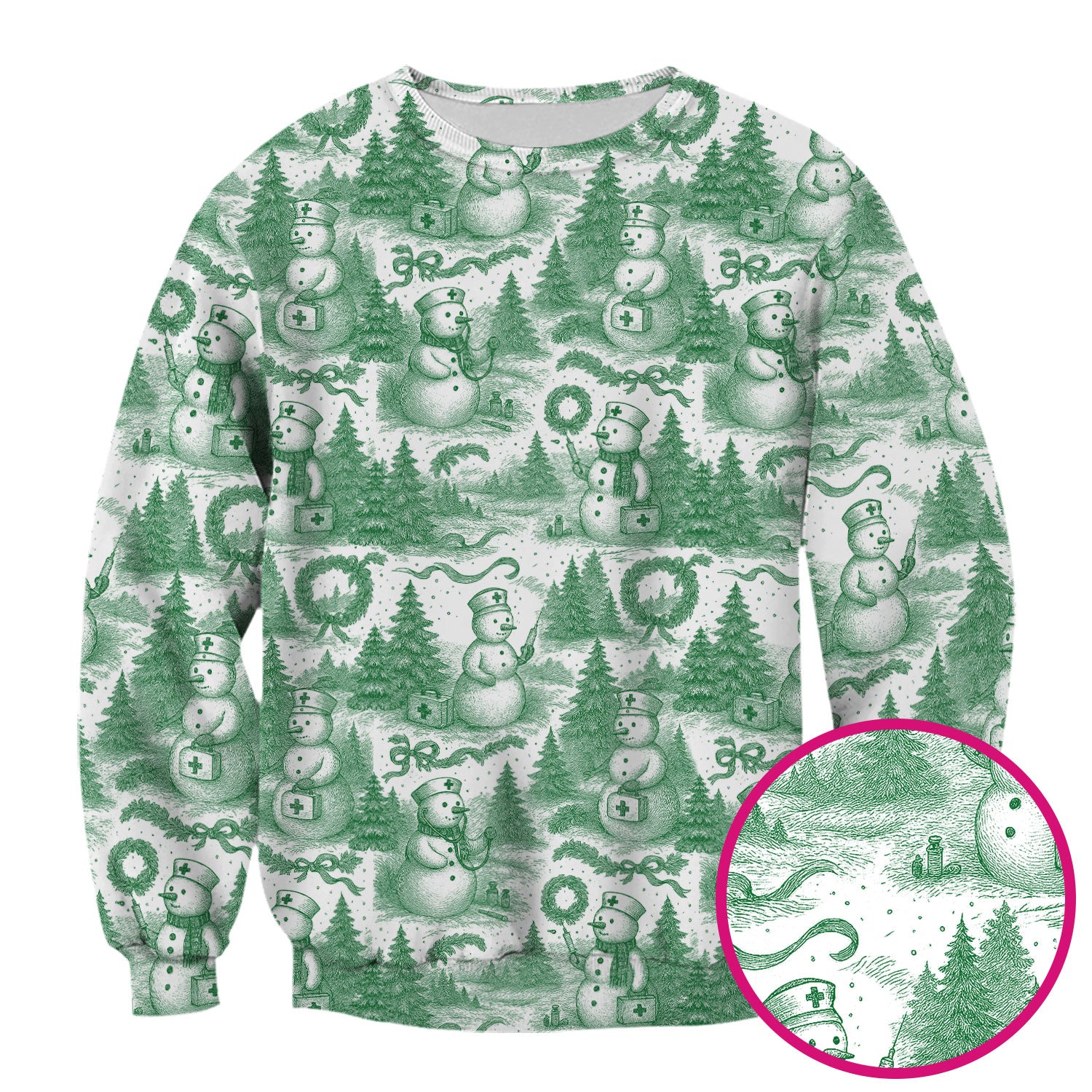 Christmas Scrub Top for Women – Toile de Jouy Snowman and Medical Pattern – Vintage Holiday Nurse Scrubs for Festive Season